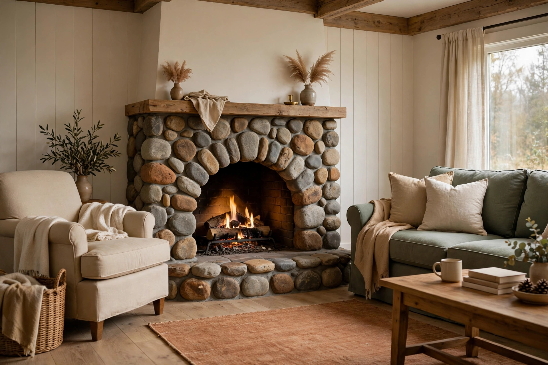 Stone fireplace ideas with a rounded river rock surround in gray and tan tones and simple furnishings
