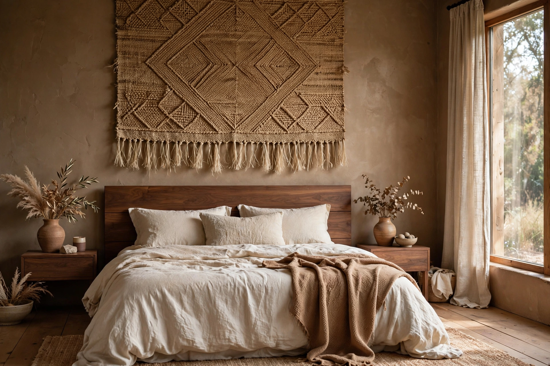 Earthy bedroom ideas: woven jute wall hanging above a bed with neutral bedding