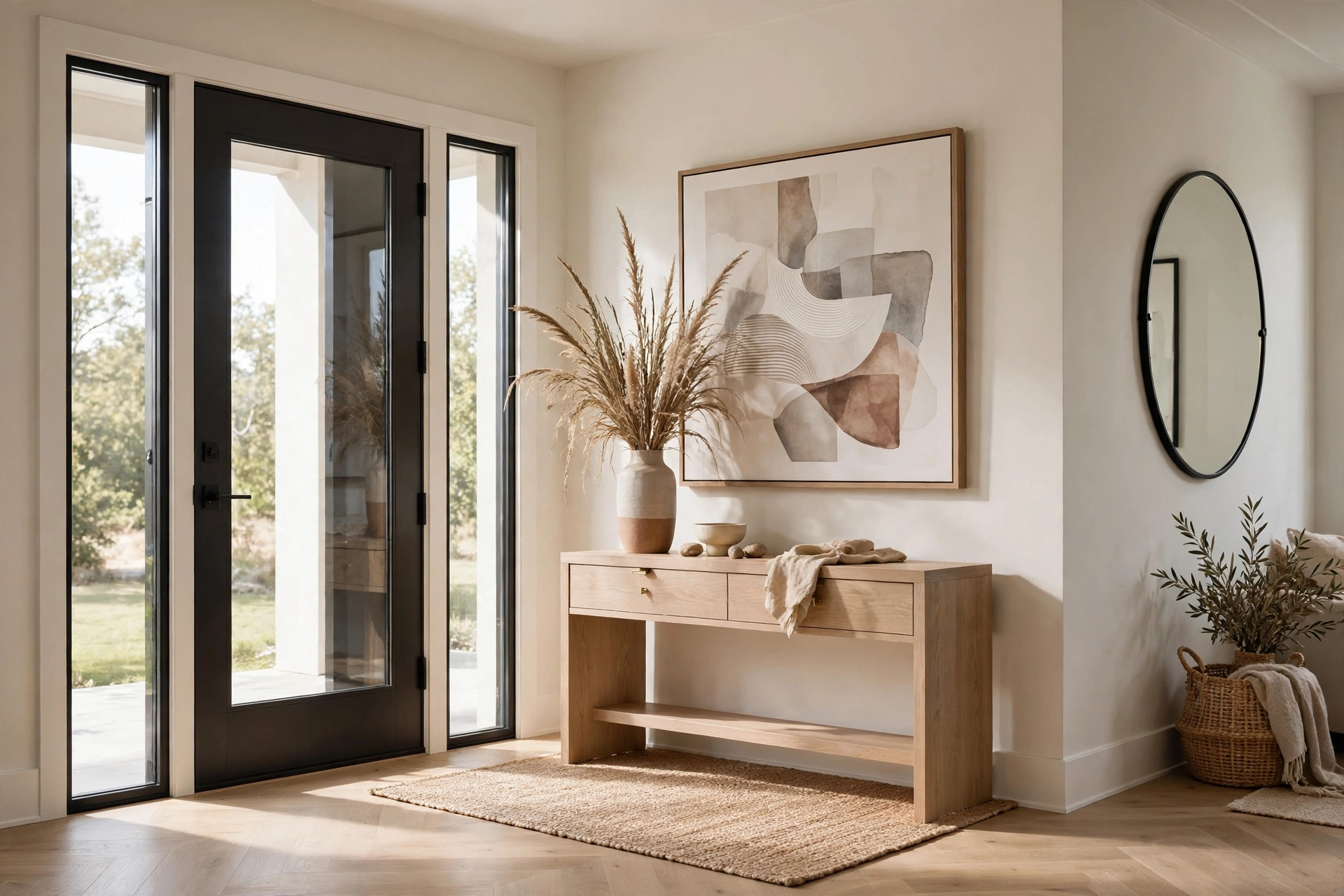 Large modern graphic art print above an entryway console table — oversized wall art ideas with bold shapes