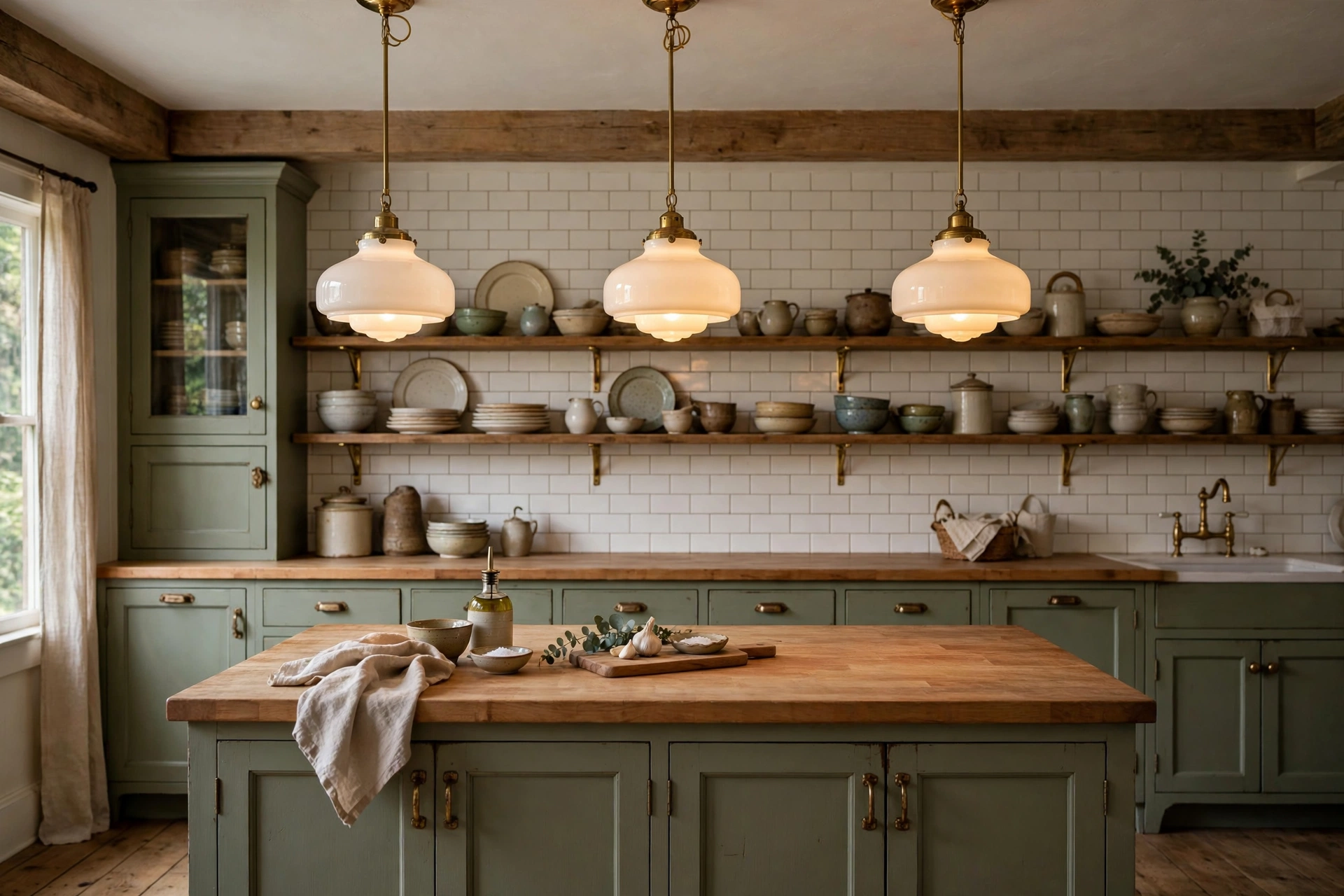 Kitchen pendant lighting ideas: white milk-glass schoolhouse pendants over a farmhouse kitchen island
