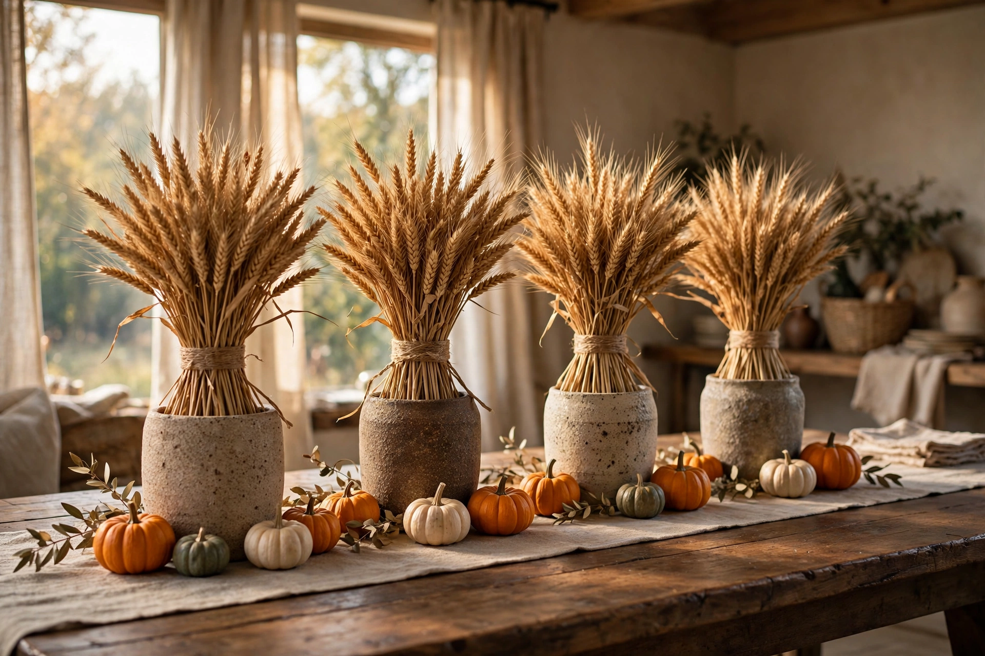 Harvest thanksgiving table decor ideas with dried wheat bundles in ceramic vases