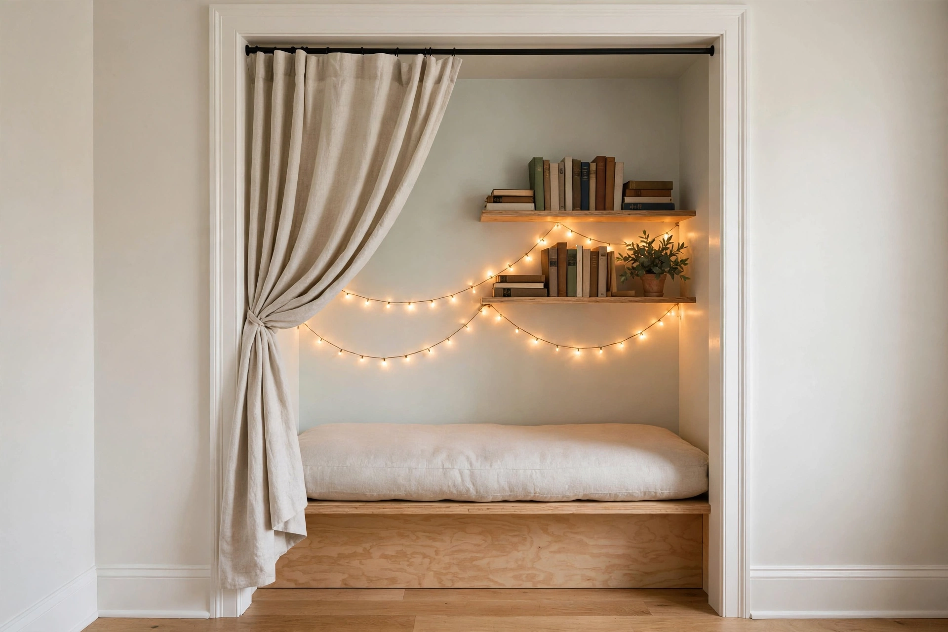 Reading nook ideas: closet alcove turned reading nook with a bench cushion, curtains, and warm string lights