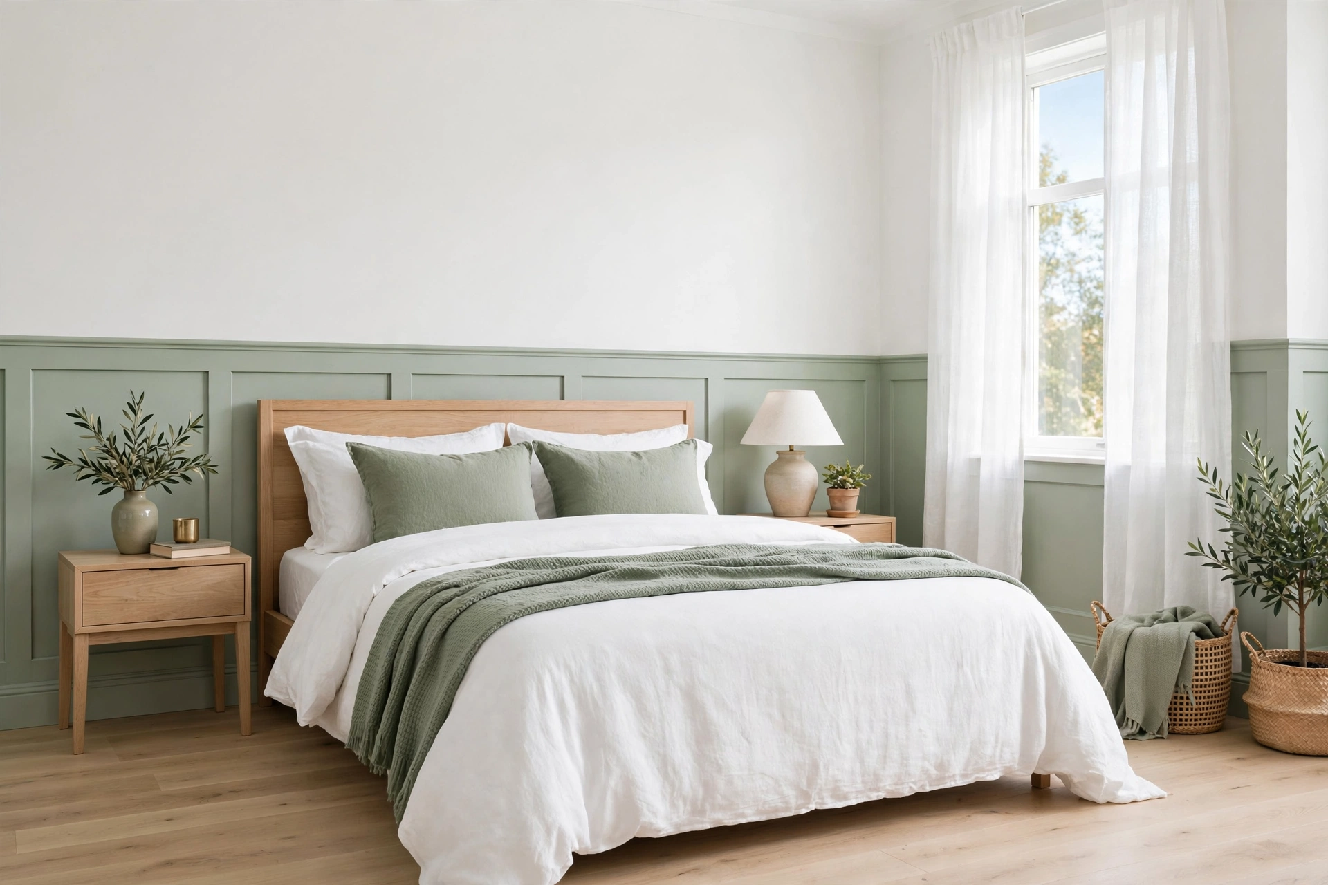 Sage green bedroom ideas with a sage and white two-tone wall treatment