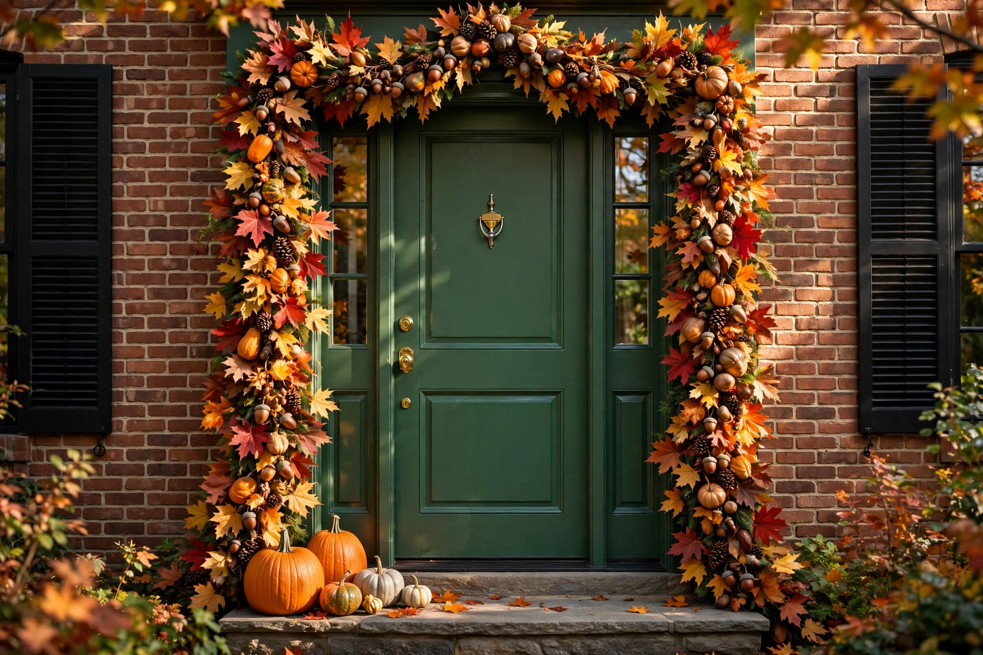 Fall front door decor ideas with a lush autumn leaf garland framing a green front door