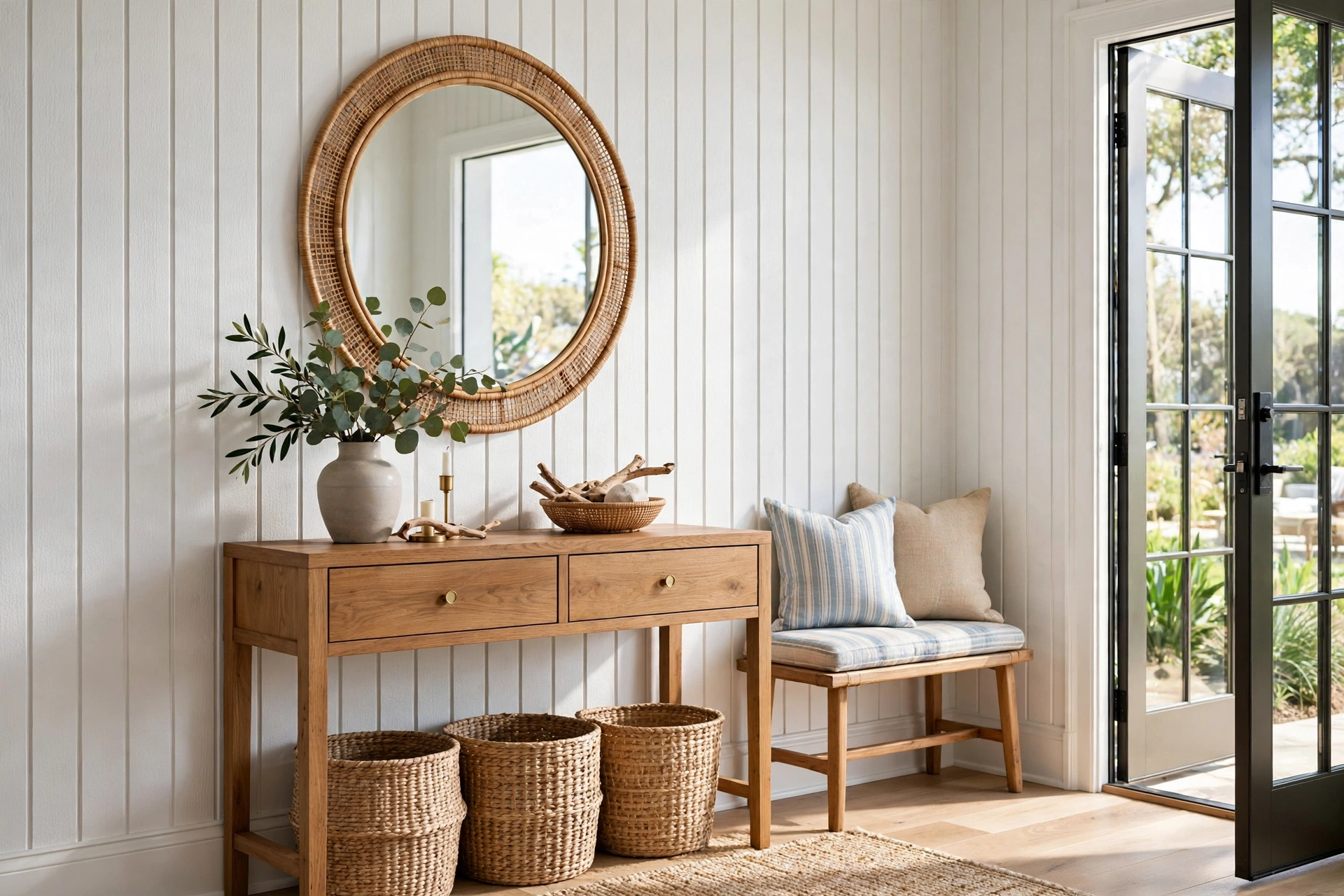textured wallpaper ideas: entryway with white beadboard-look textured wallpaper showing vertical grooved panels, wood console table and round mirror