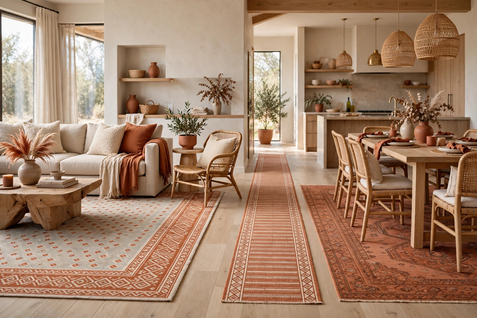 Area rug open floor plan ideas: living and dining rugs in different patterns sharing one warm terracotta color thread