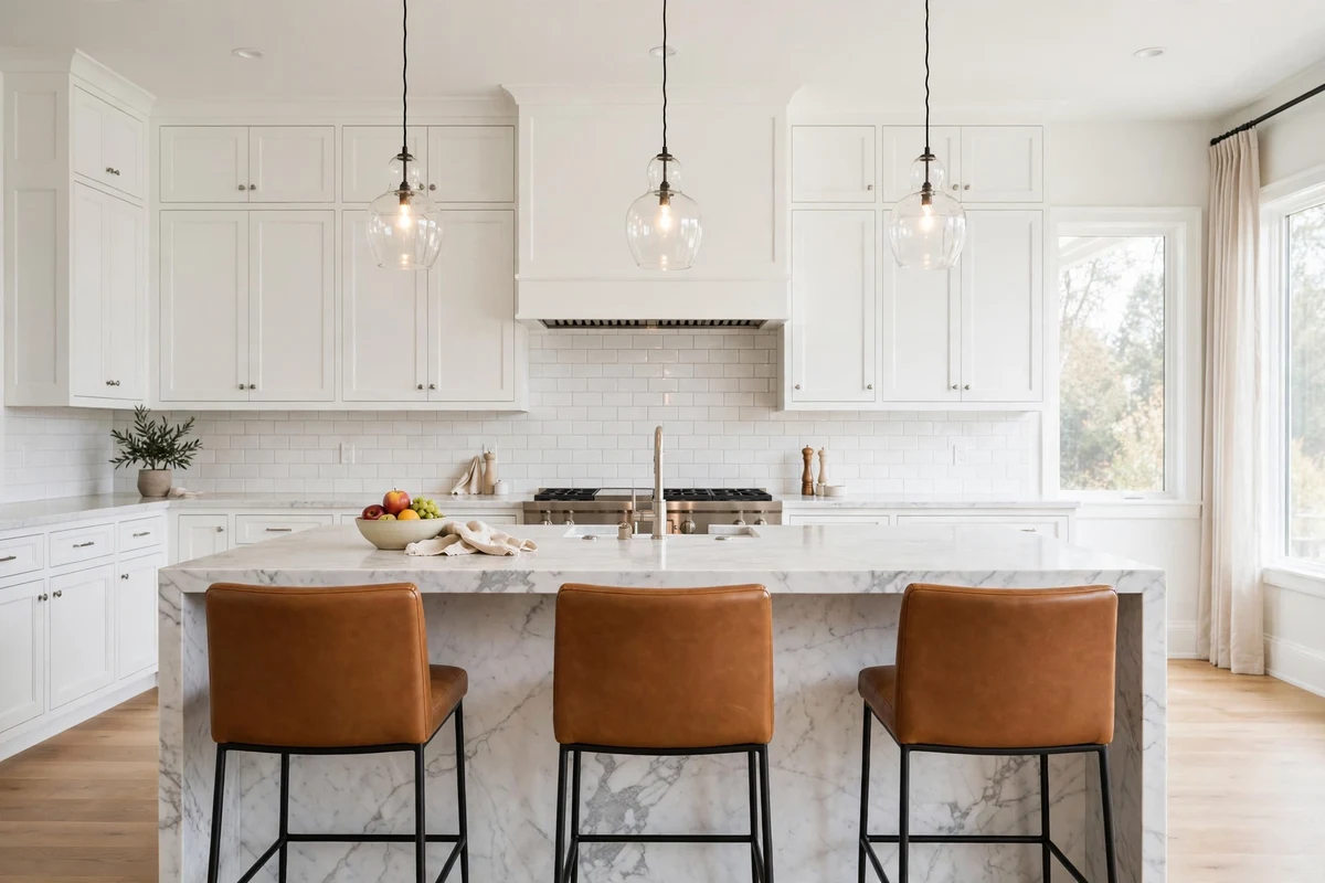 Caramel leather decor ideas: kitchen island with caramel leather bar stools and pendant lights