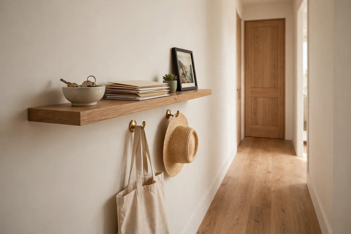 Narrow hallway decorating ideas: row of wall hooks with a floating shelf above in a narrow entry hallway