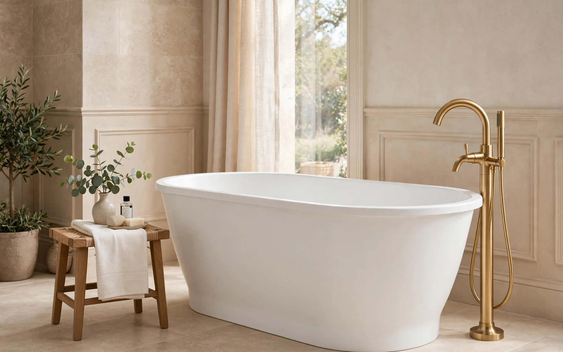 Gold bathroom fixtures ideas with a gold freestanding tub filler beside a white soaking tub