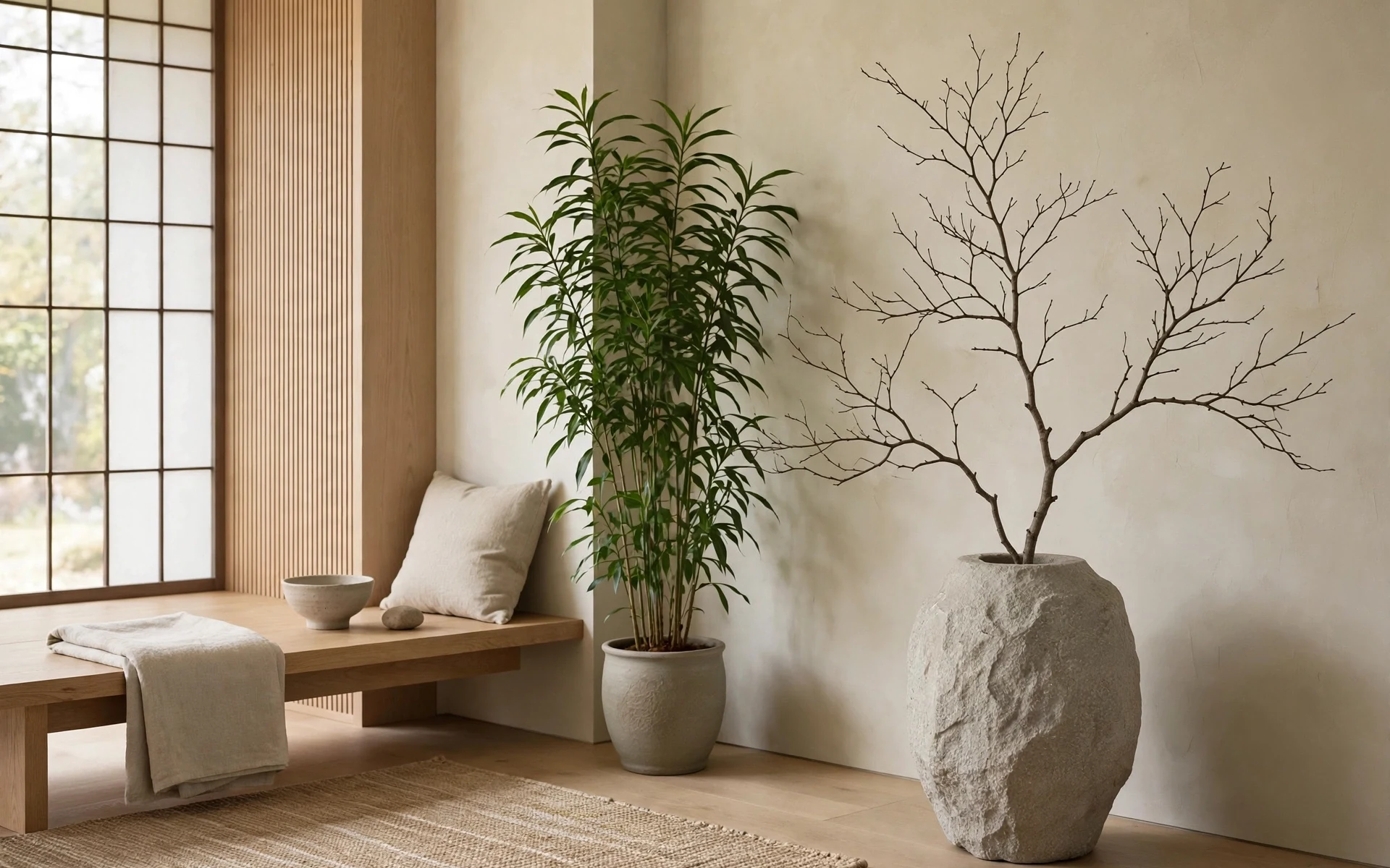 Single tall plant and a bare branch in a stone vase in japandi living room ideas for edited greenery