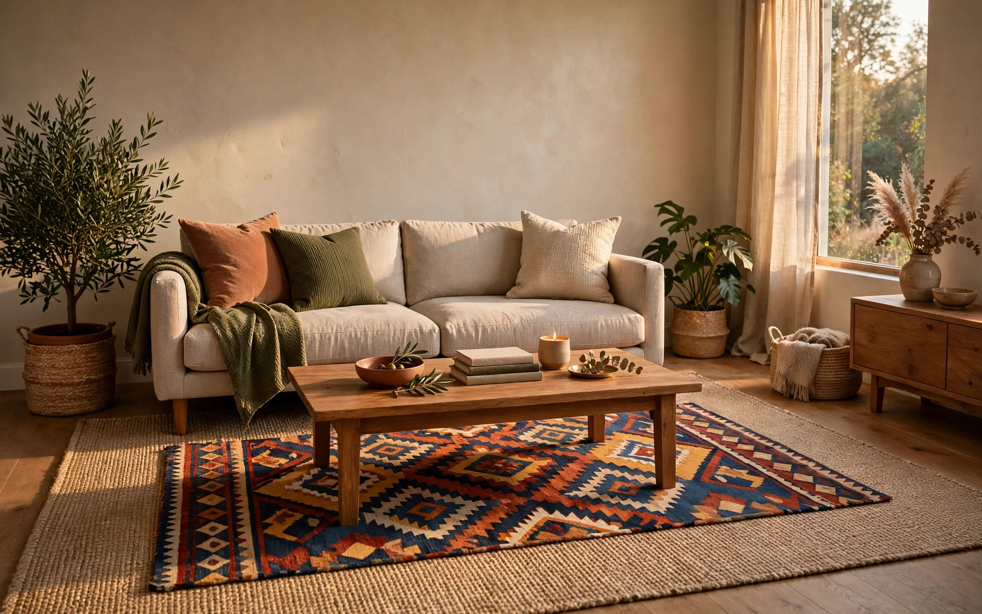 Patterned rug layering ideas with a bold patterned rug over a solid neutral base rug