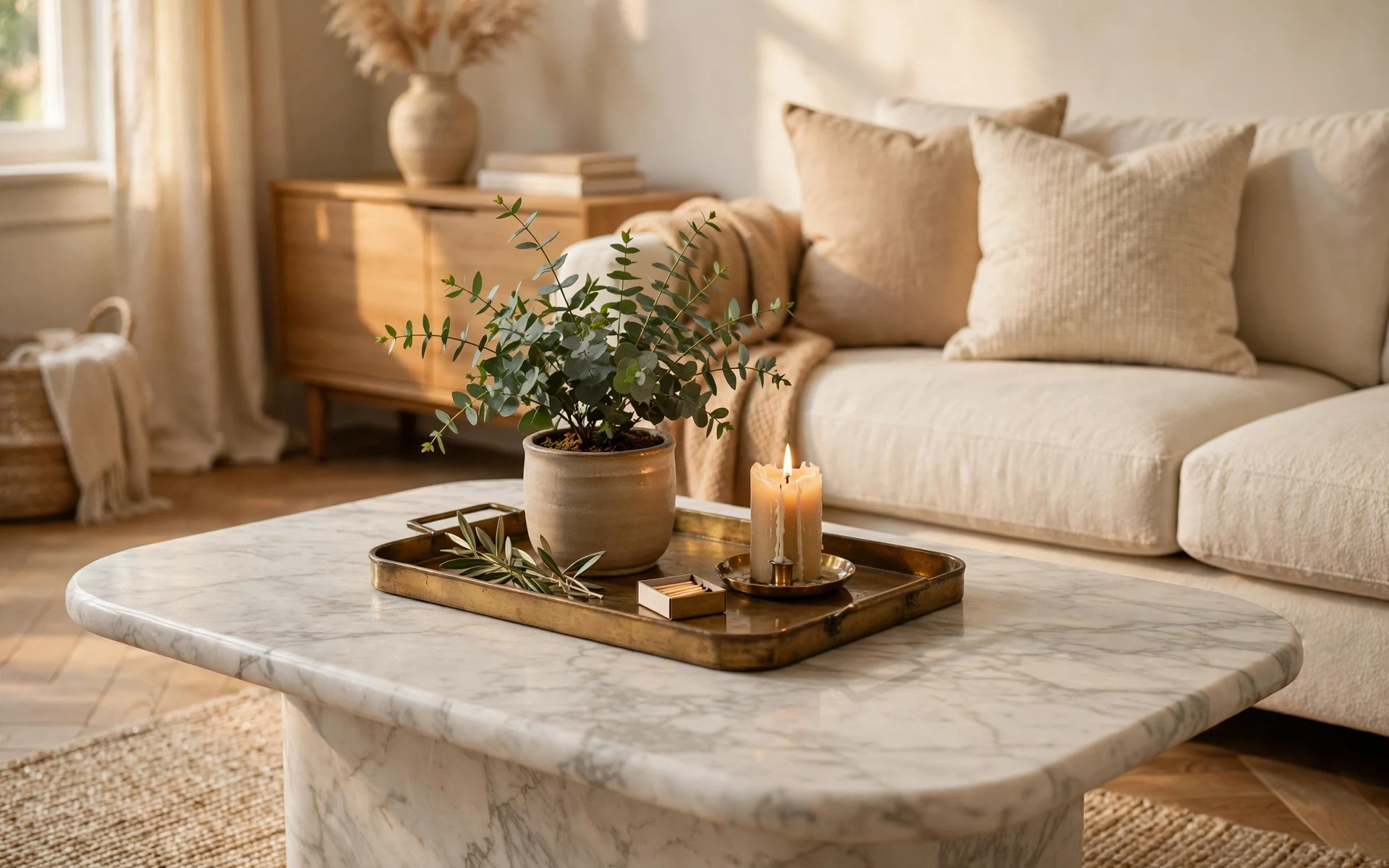 Marble coffee table styling ideas with a brass tray, candle and green plant on a marble table