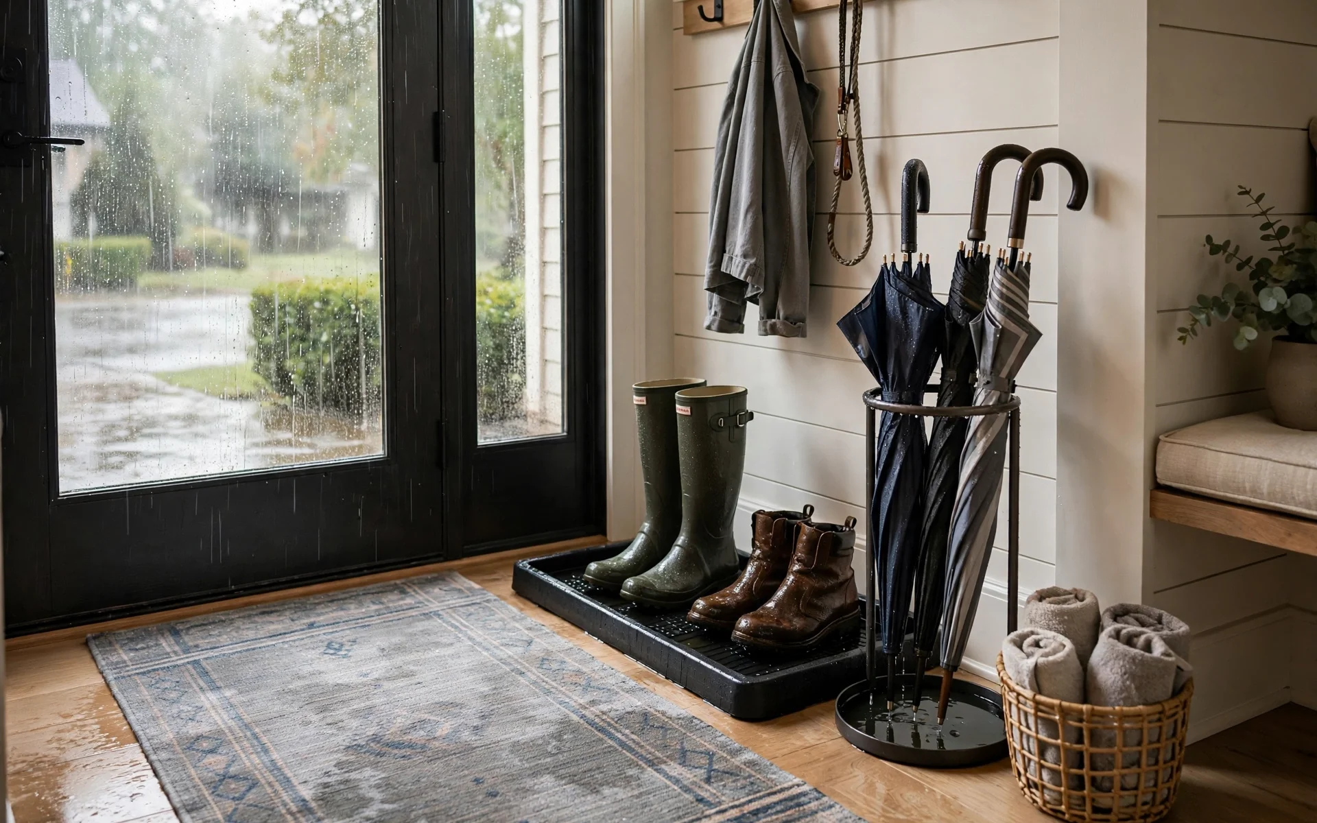 Boot tray and umbrella stand by the front door catching wet weather gear, practical mudroom ideas