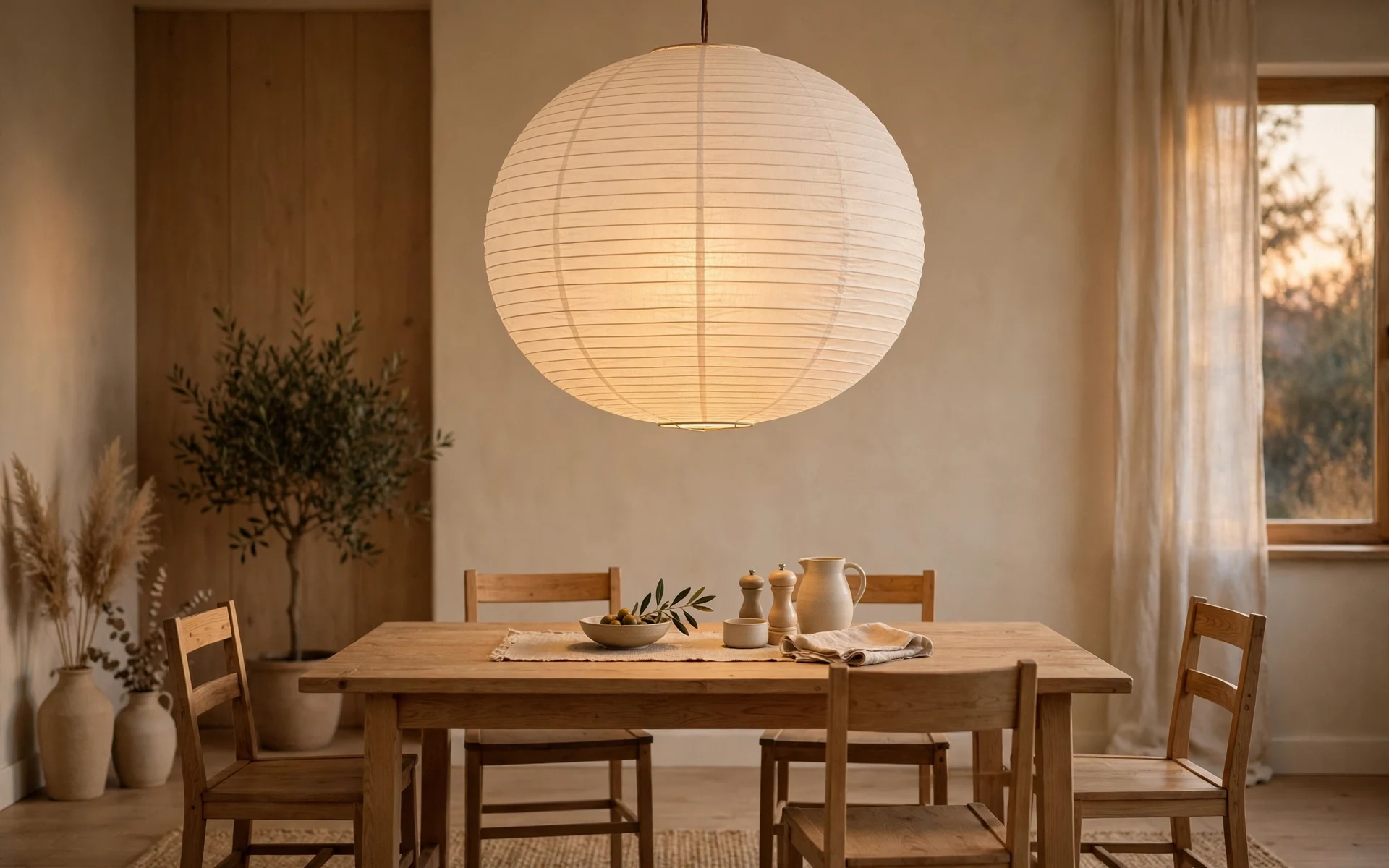 Paper lantern statement lighting ideas with an oversized white paper pendant over a wooden dining table