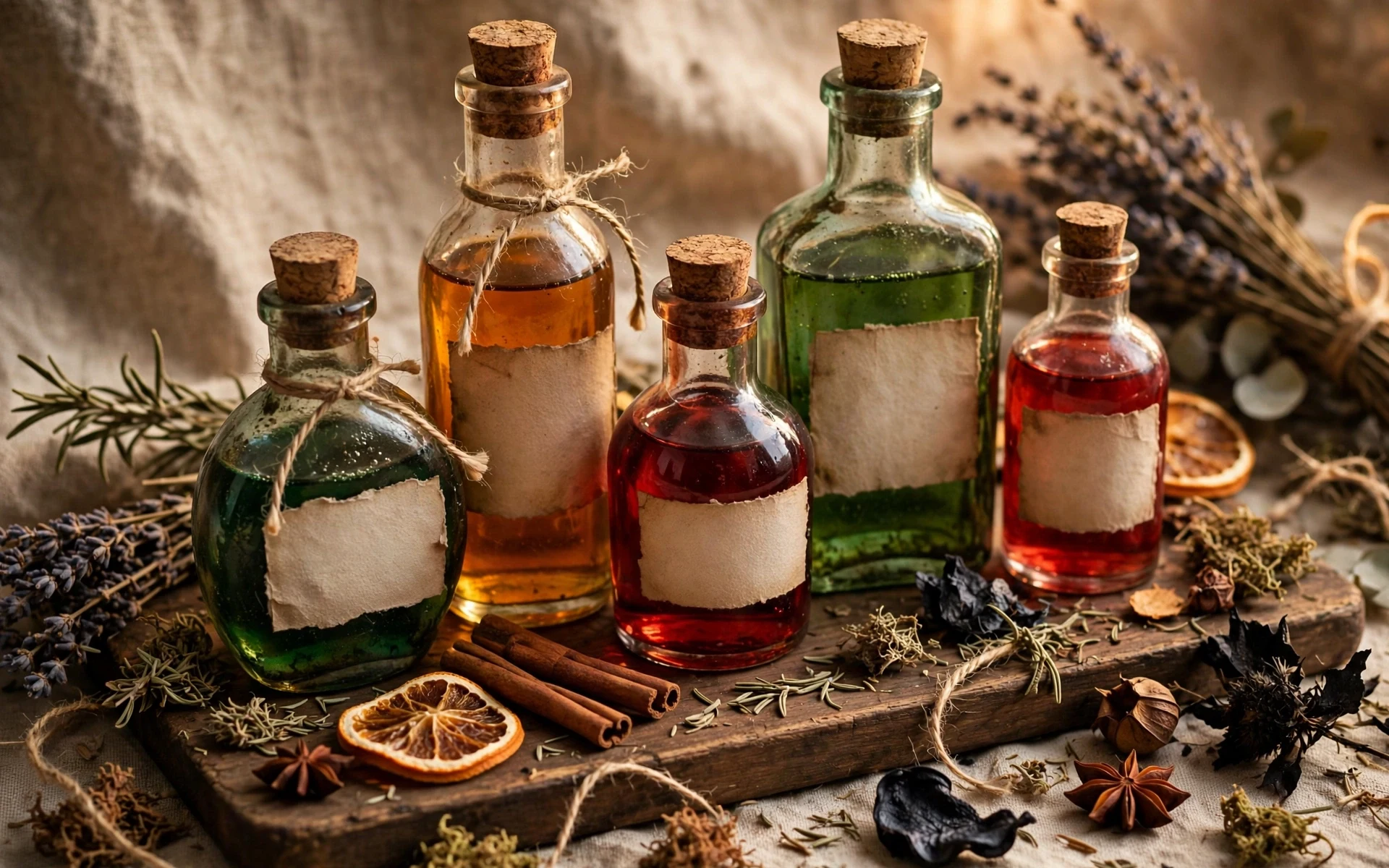 Tinted potion bottles with aged paper labels grouped as diy halloween decor ideas on a tray