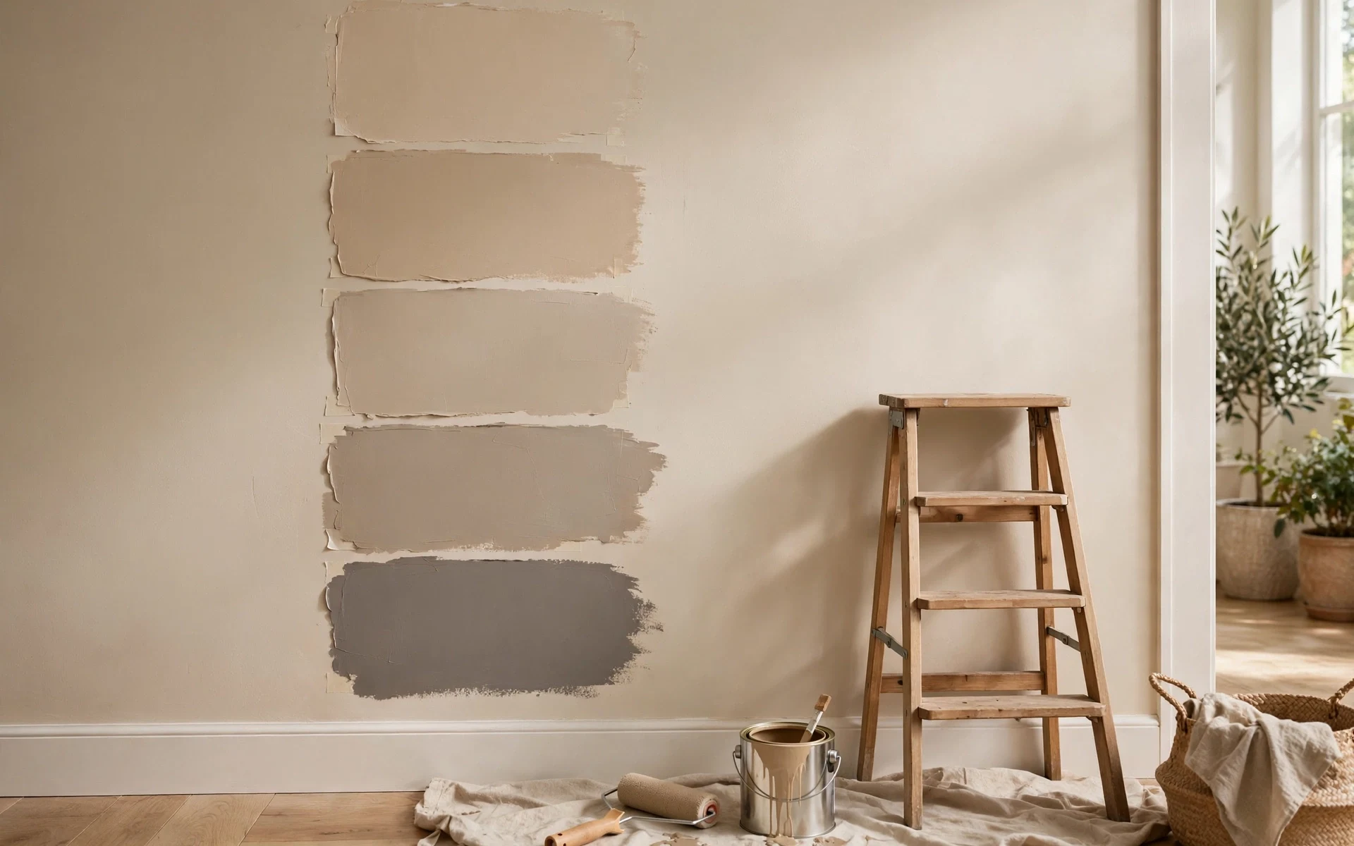 Paint swatches and a freshly painted wall showing how to choose beige living room ideas for different light