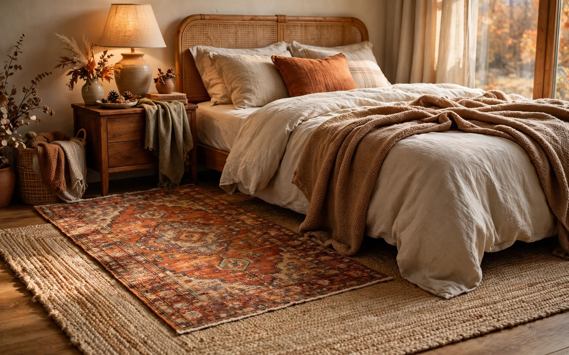 Fall bedroom decor ideas featuring layered rugs beside the bed