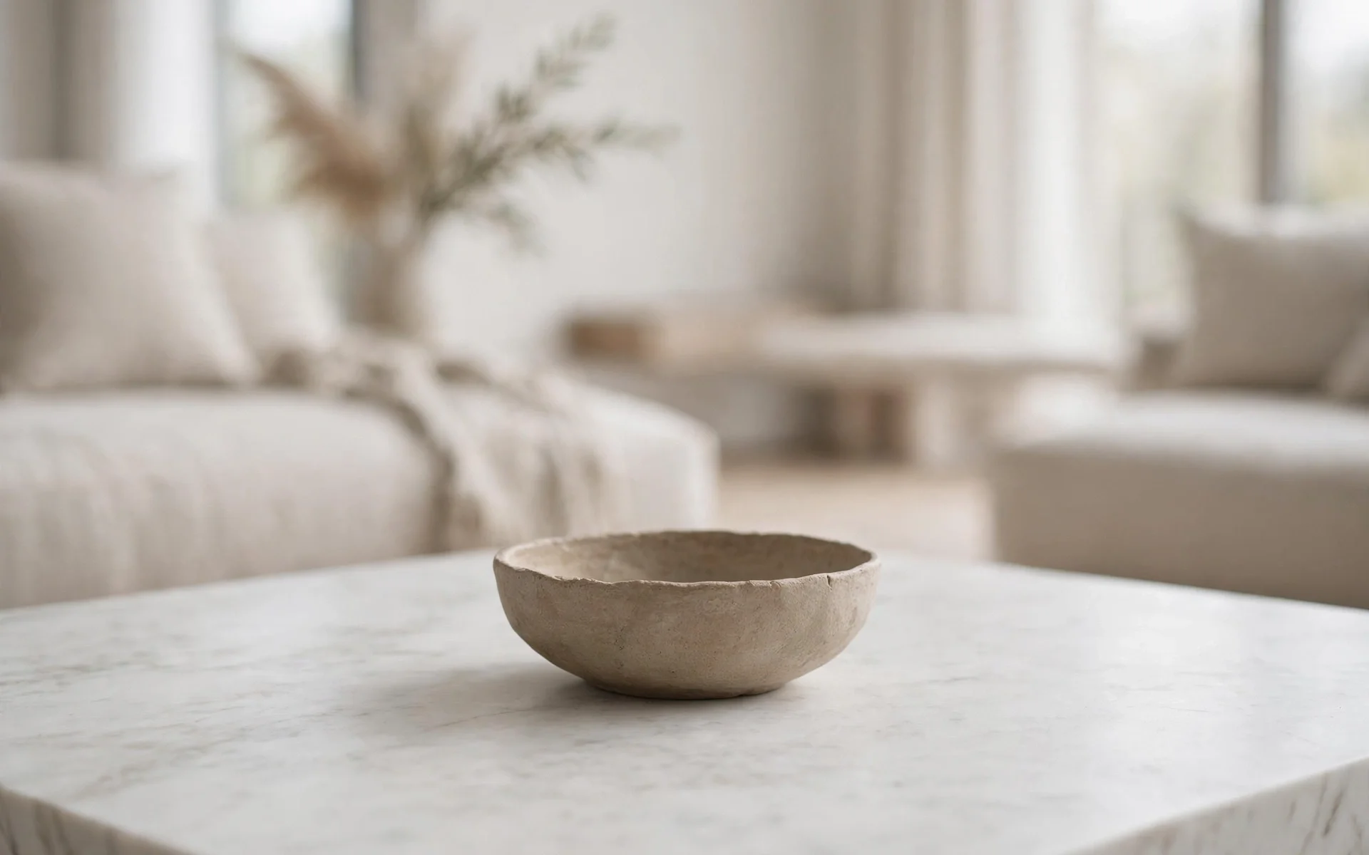 Marble coffee table ideas with a minimalist nearly bare table and one low ceramic bowl
