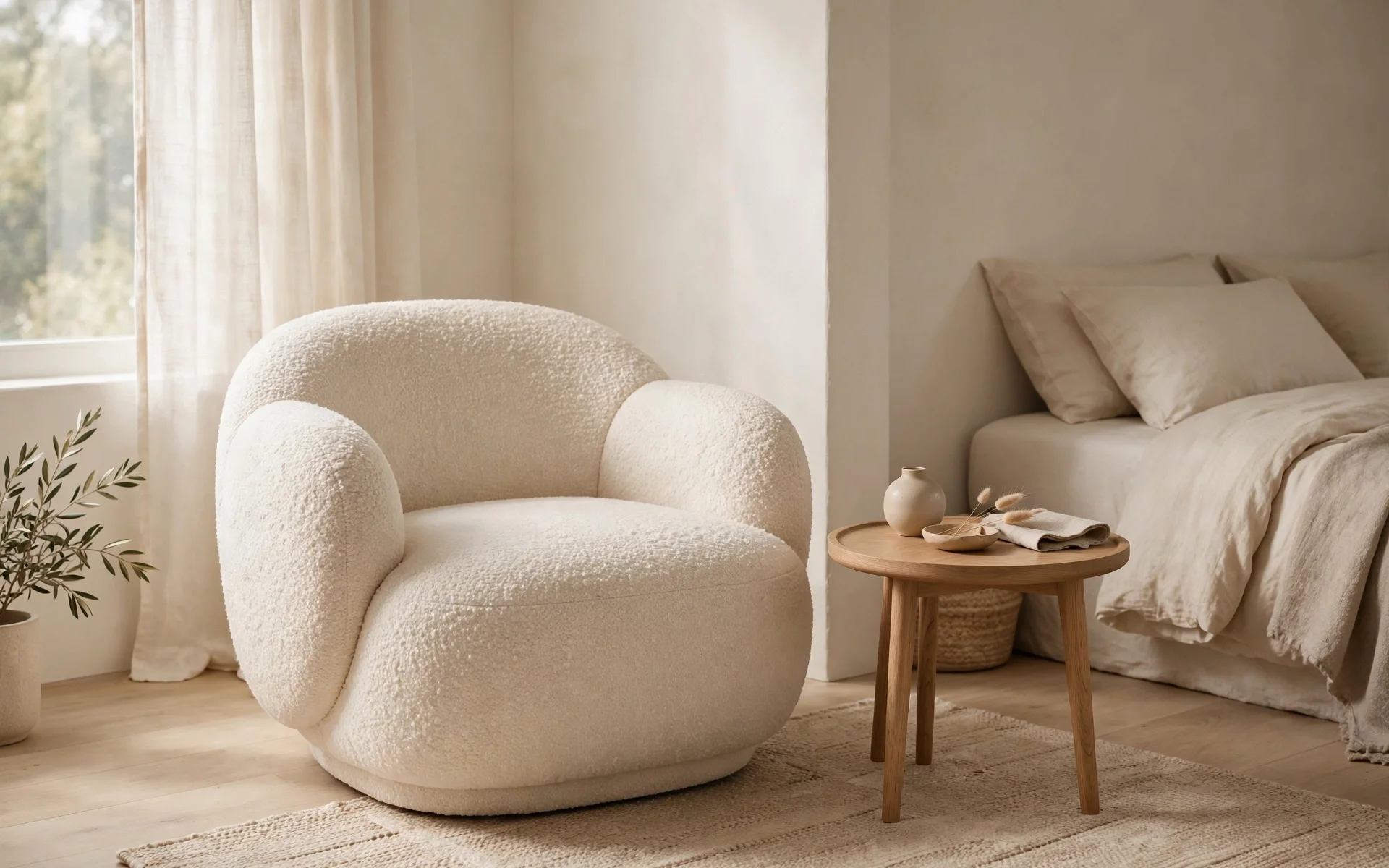 Warm minimalist bedroom ideas with a curved cream boucle accent chair in the corner
