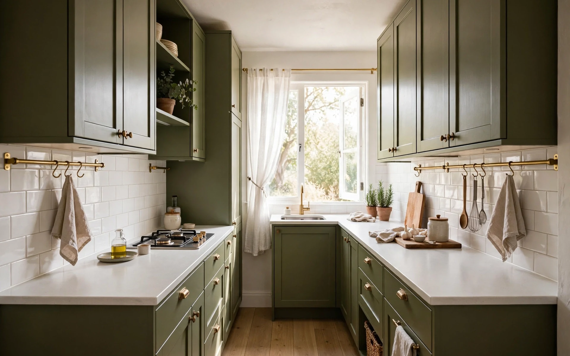 Small galley layout showing olive green kitchen ideas with pale counters and bright light