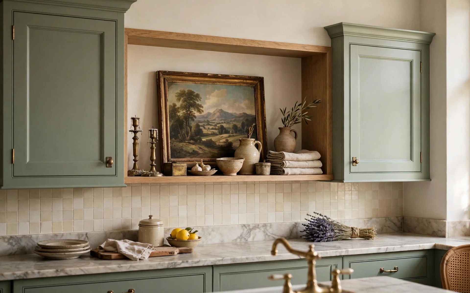 Open shelf kitchen ideas with vintage finds styled between sage green wall cabinets