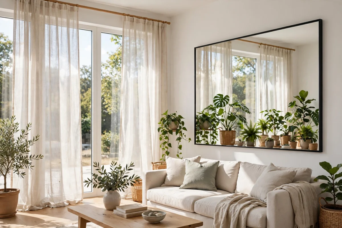 Biophilic decor ideas — sheer linen curtains and a mirror bouncing daylight across a plant-filled room