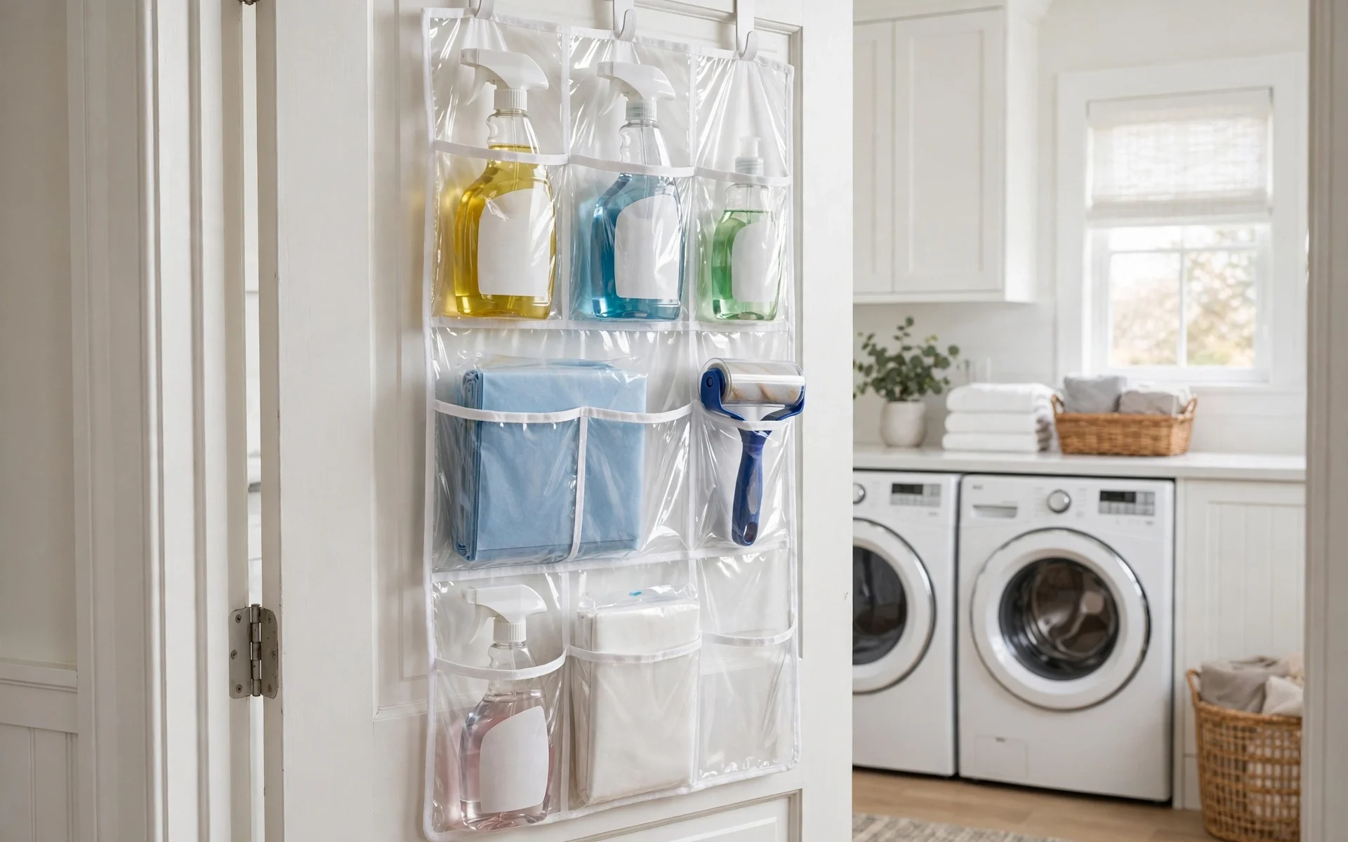 Open laundry room door with over-door organizer holding supplies, space-saving small laundry room ideas