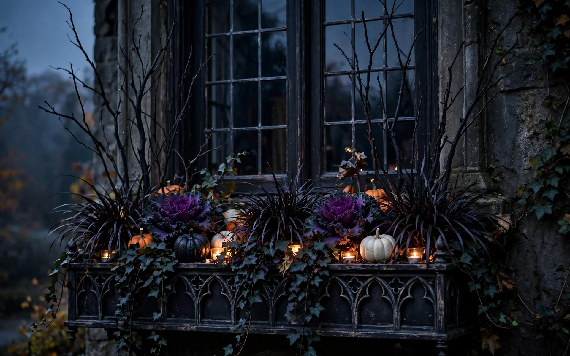 Halloween window decor ideas with gothic exterior window boxes filled with dark foliage, black branches, and mini pumpkins