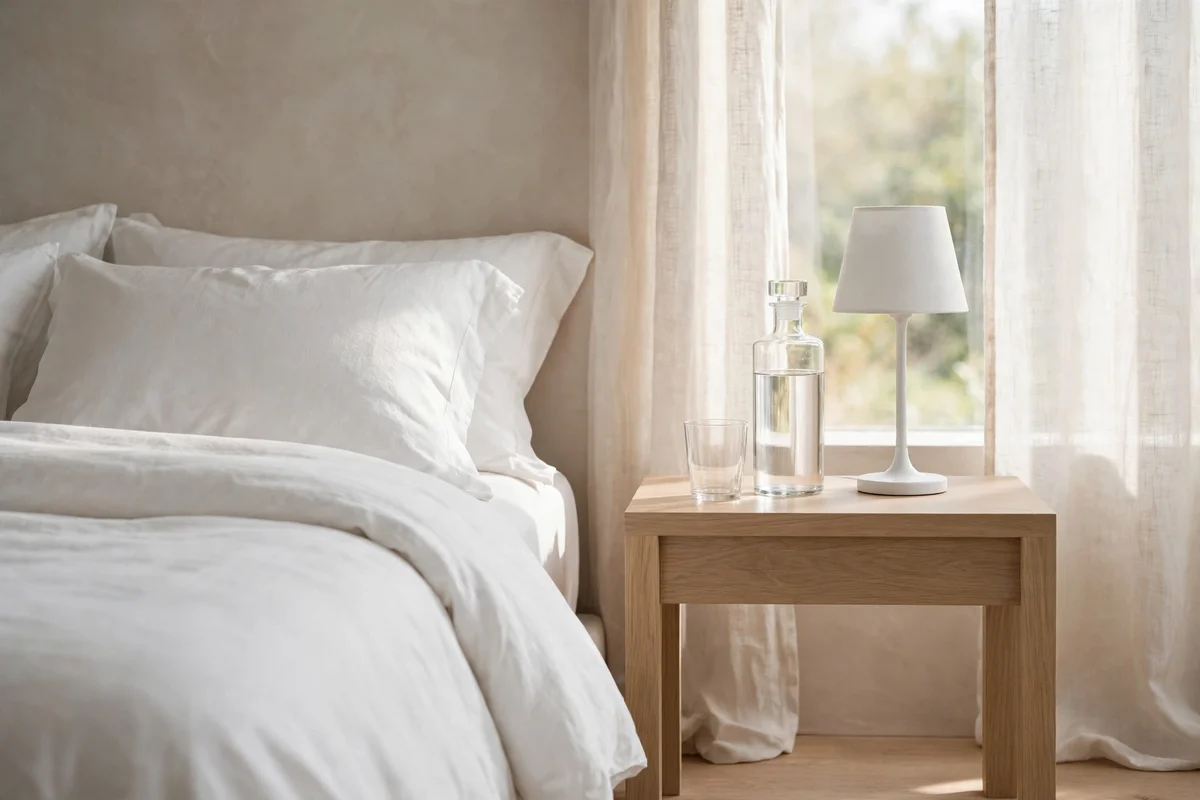 Bedside table styling ideas kept minimal with only a slim lamp and water carafe