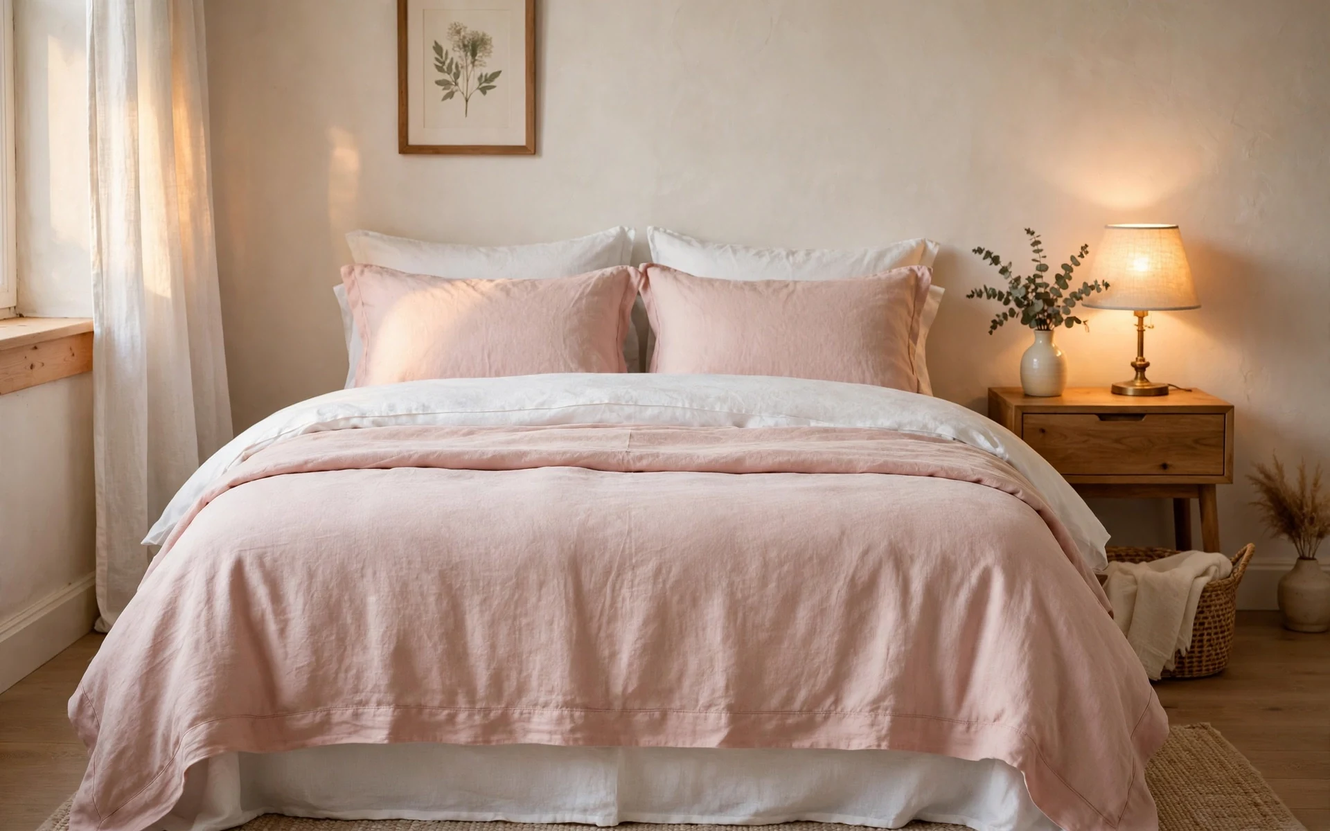 Blush pink linen bedding ideas for a guest bedroom with white linen sheets and a folded throw