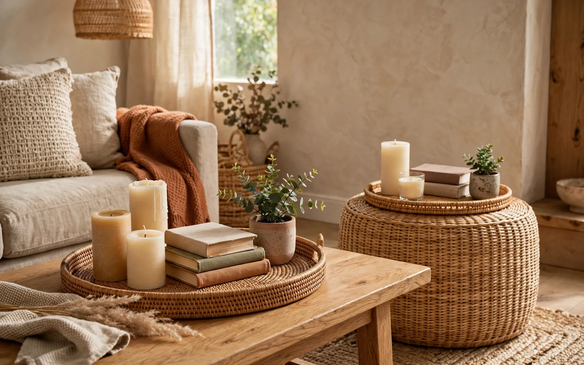 Coffee table rattan decor ideas with a woven rattan tray holding books, a candle and a plant