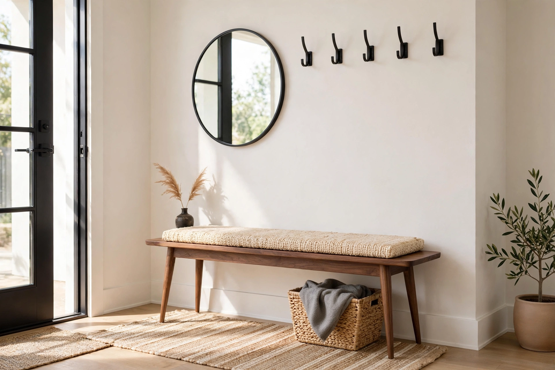 Walnut furniture ideas in the entryway with a walnut bench