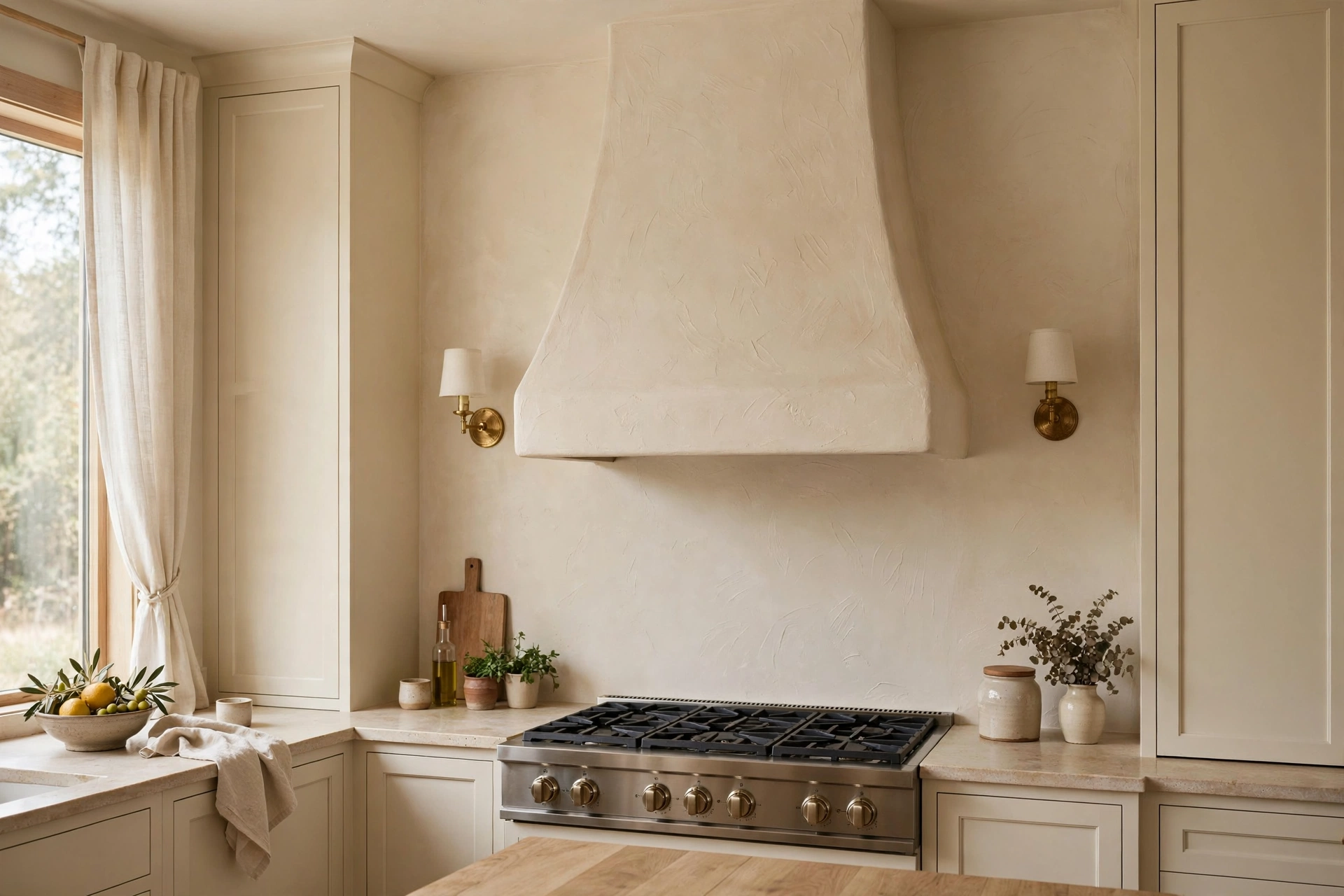 Cream kitchen ideas: custom plaster range hood in warm cream as a kitchen focal point