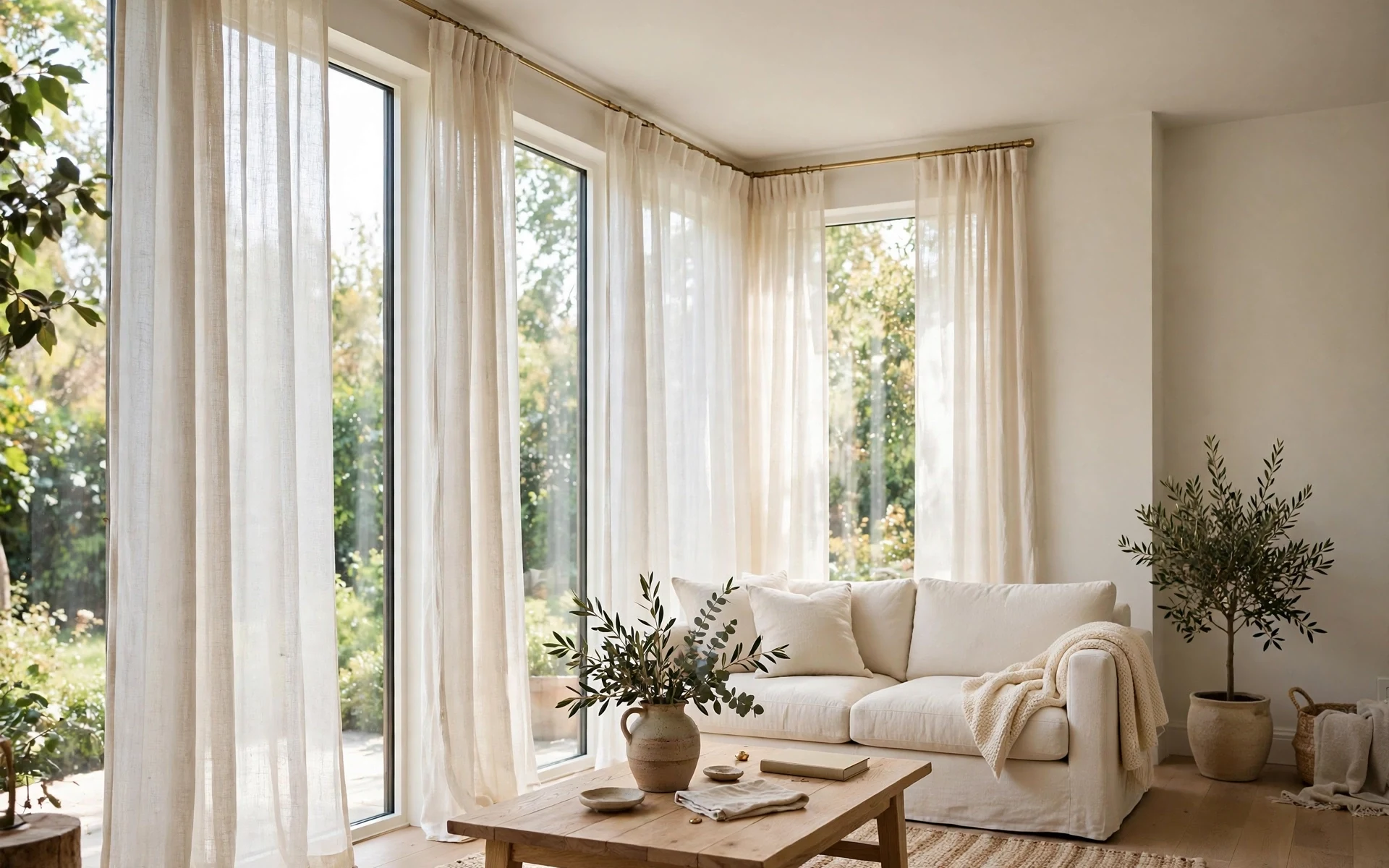 Cream sofa styling ideas beside tall windows with sheer linen curtains filtering daylight