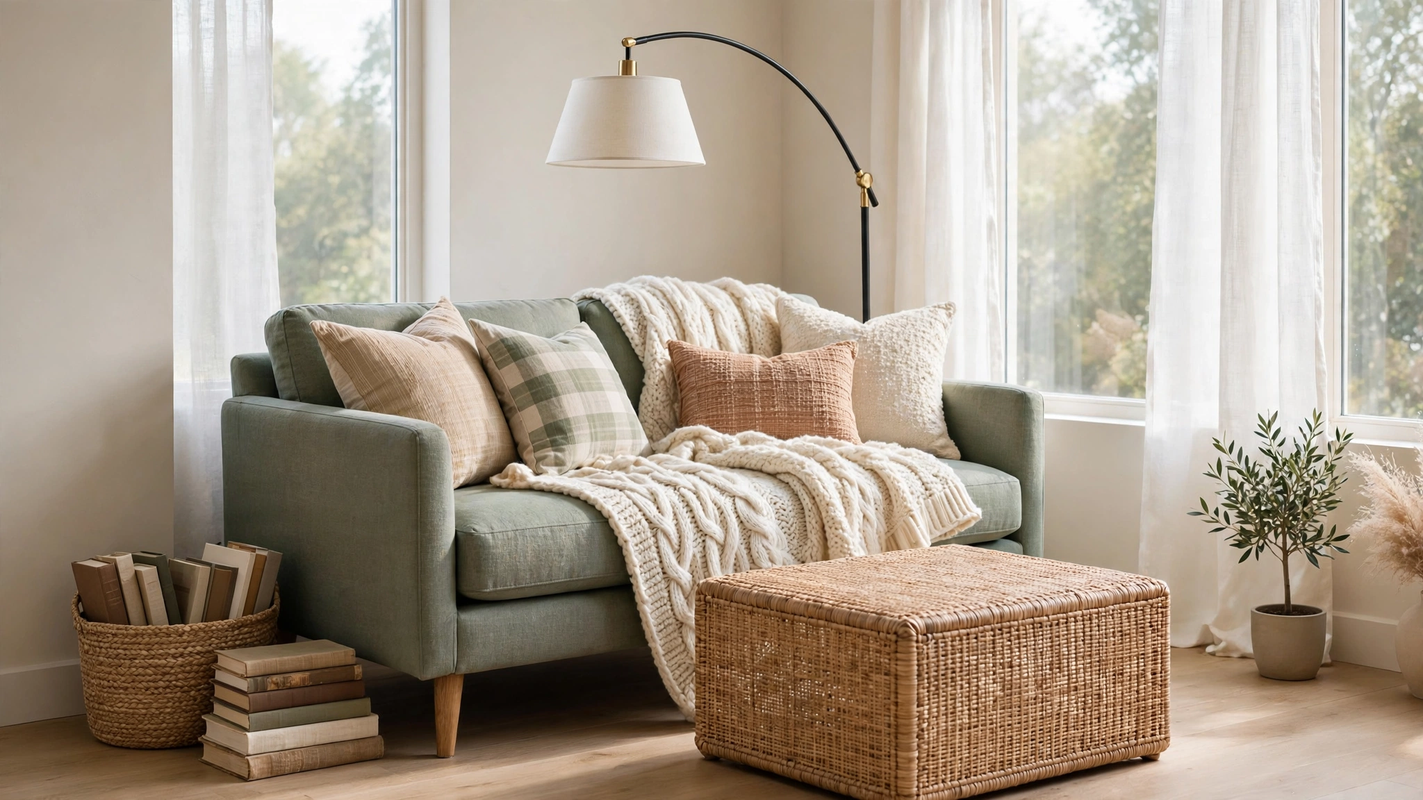 Reading nook ideas: small loveseat reading spot for two with a shared ottoman and window light