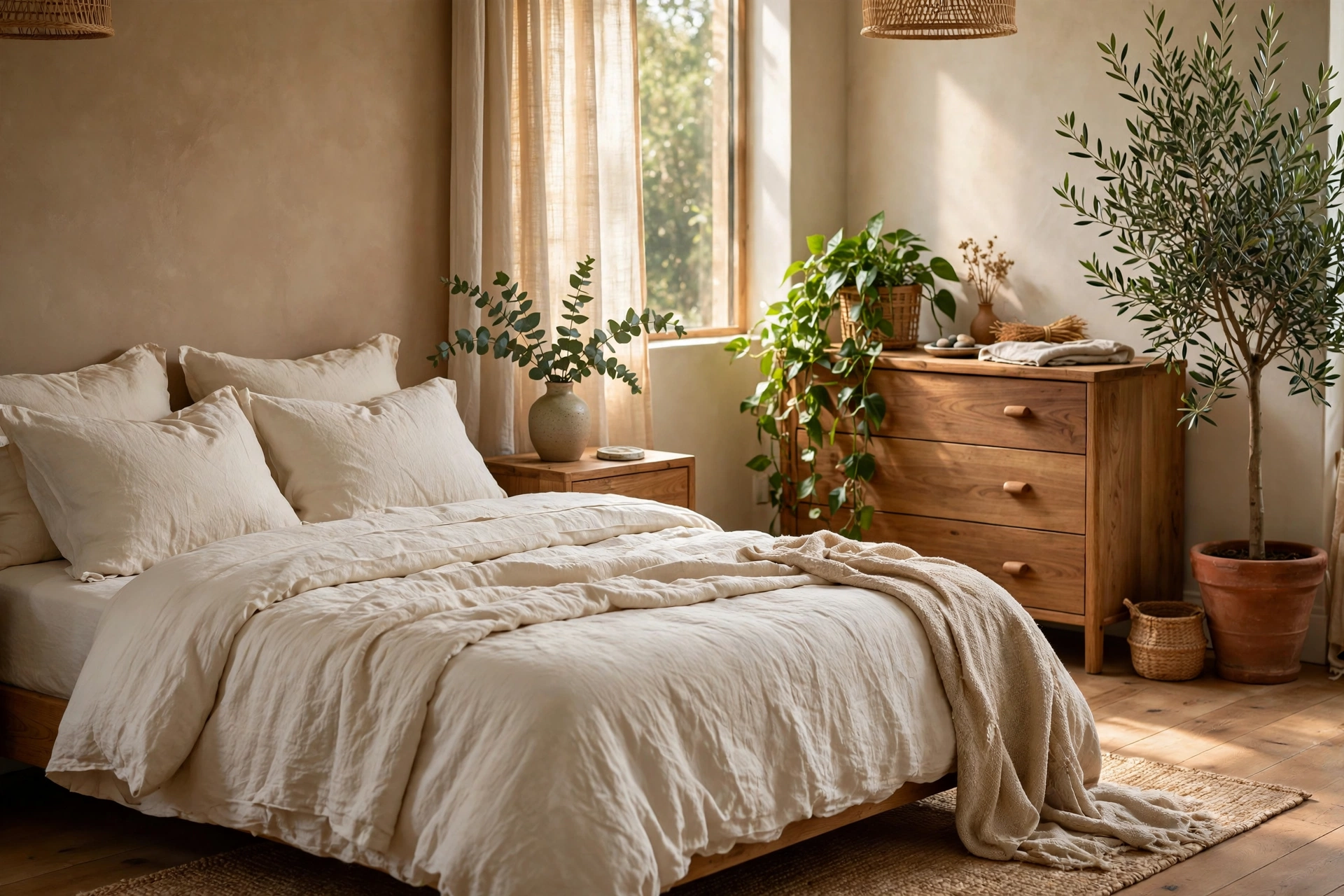 Earthy bedroom ideas: bedroom layered with greenery, olive tree, and eucalyptus stems