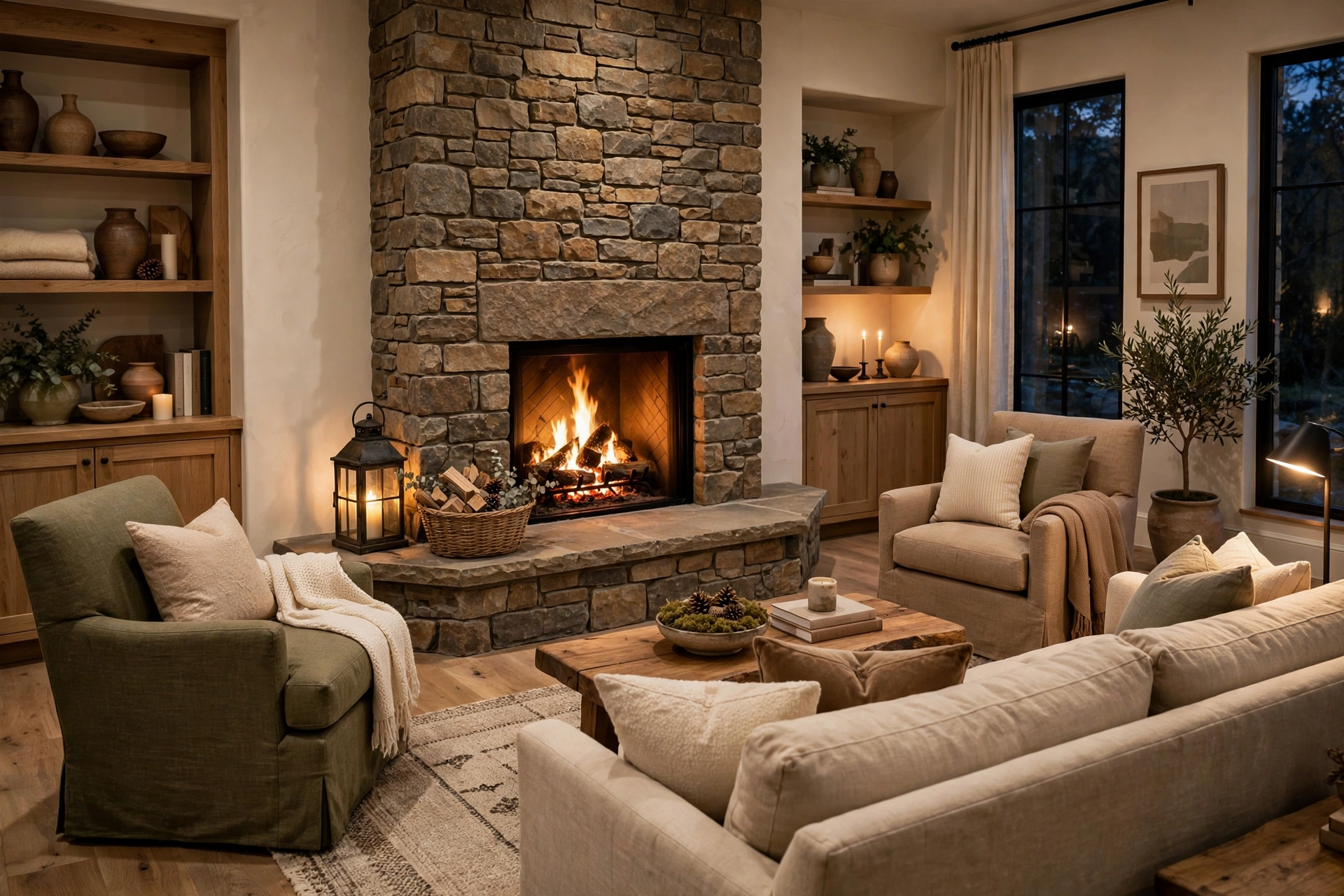 Stone fireplace ideas with an angled corner stone fireplace and seating arranged around the hearth