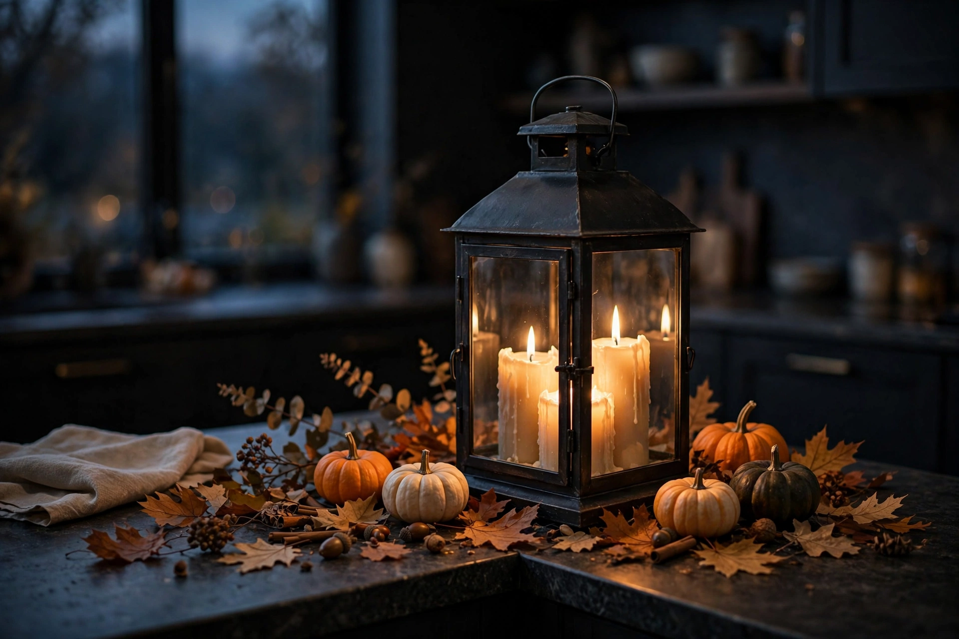 Fall kitchen decor ideas with a glowing lantern and candles on a kitchen counter at dusk