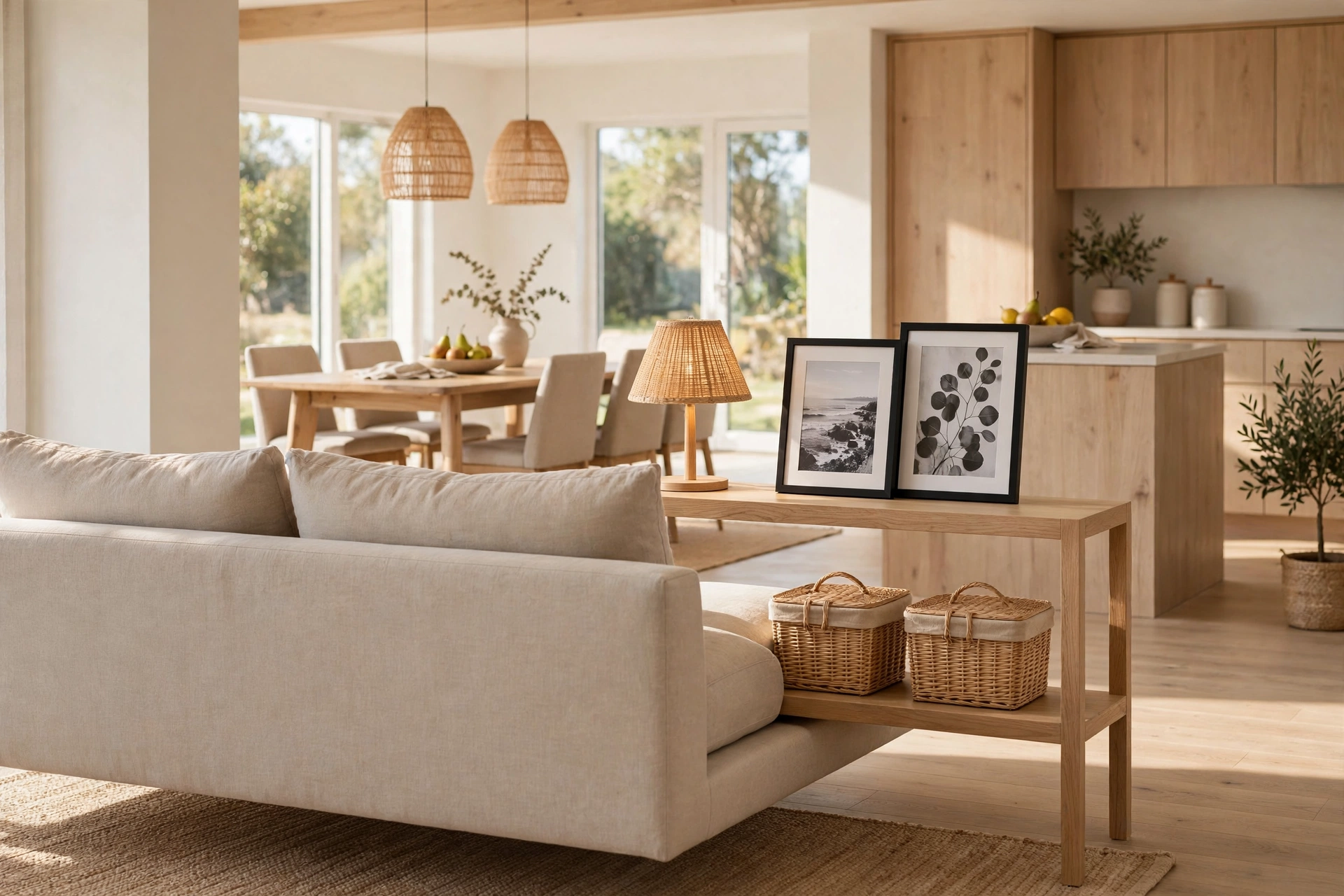 Slim console table behind the sofa with baskets — toy storage ideas living room