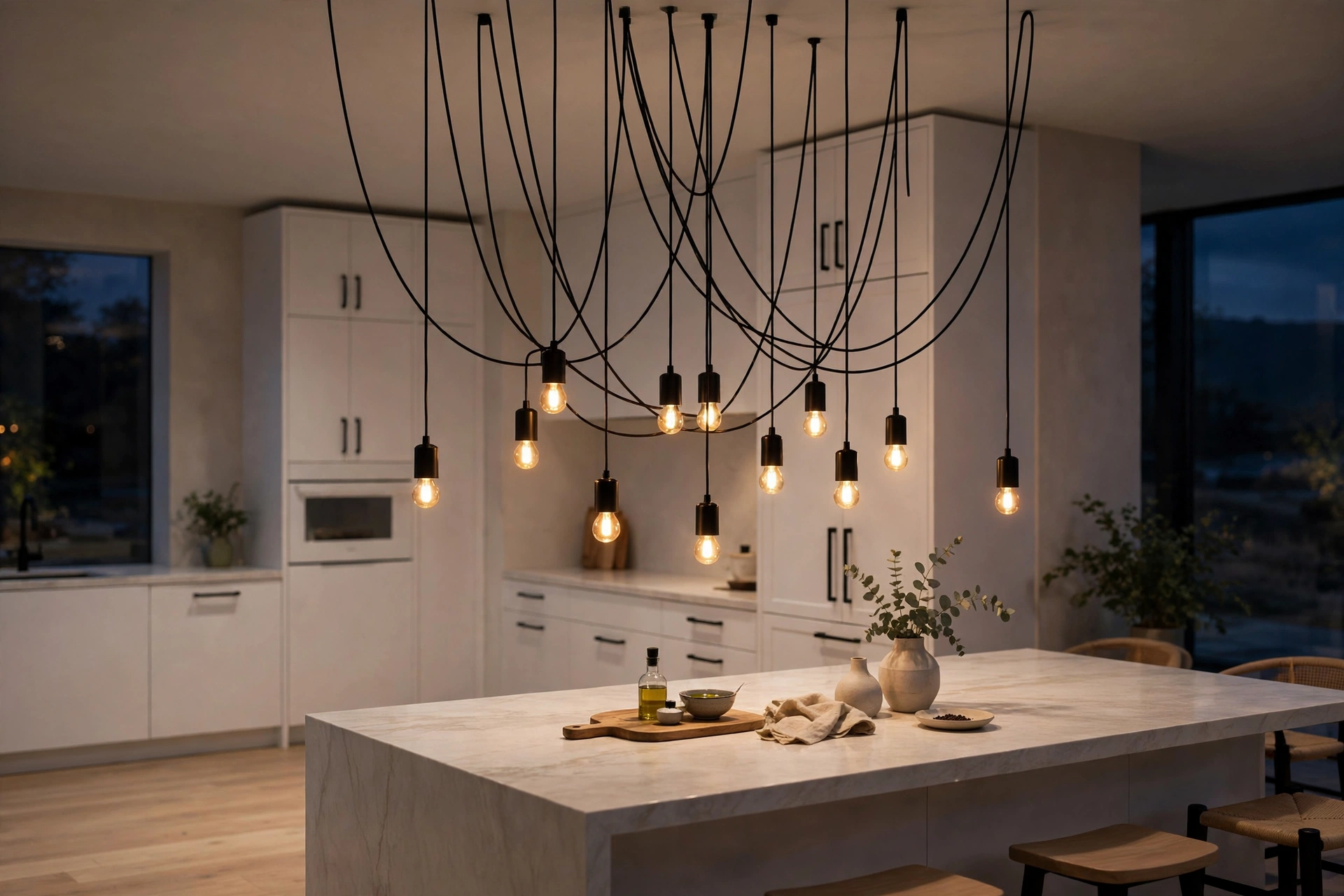 Kitchen pendant lighting ideas: cluster of small black pendants hung at staggered heights over a kitchen island