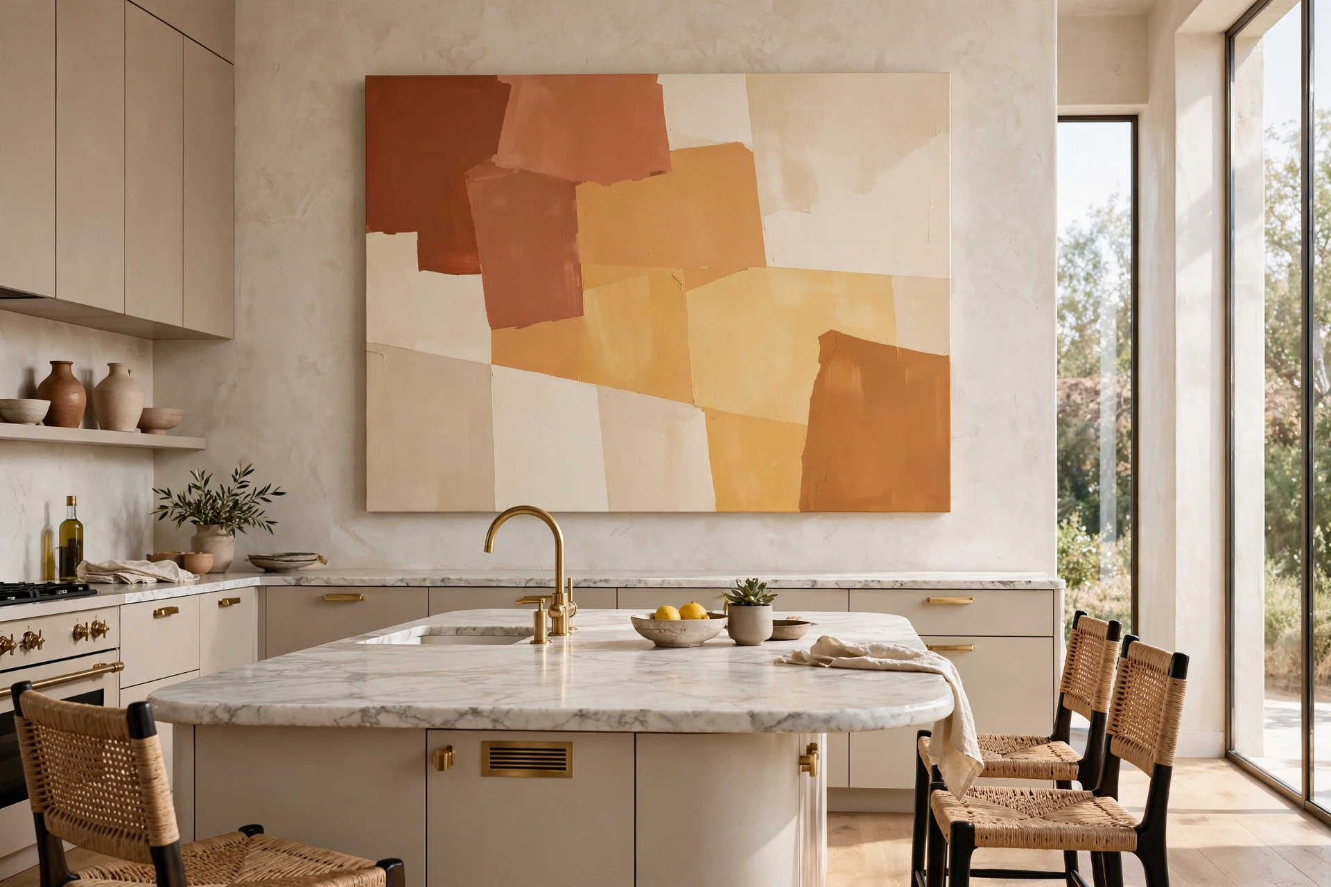 Oversized geometric color-block canvas in a modern kitchen — oversized wall art ideas for kitchens