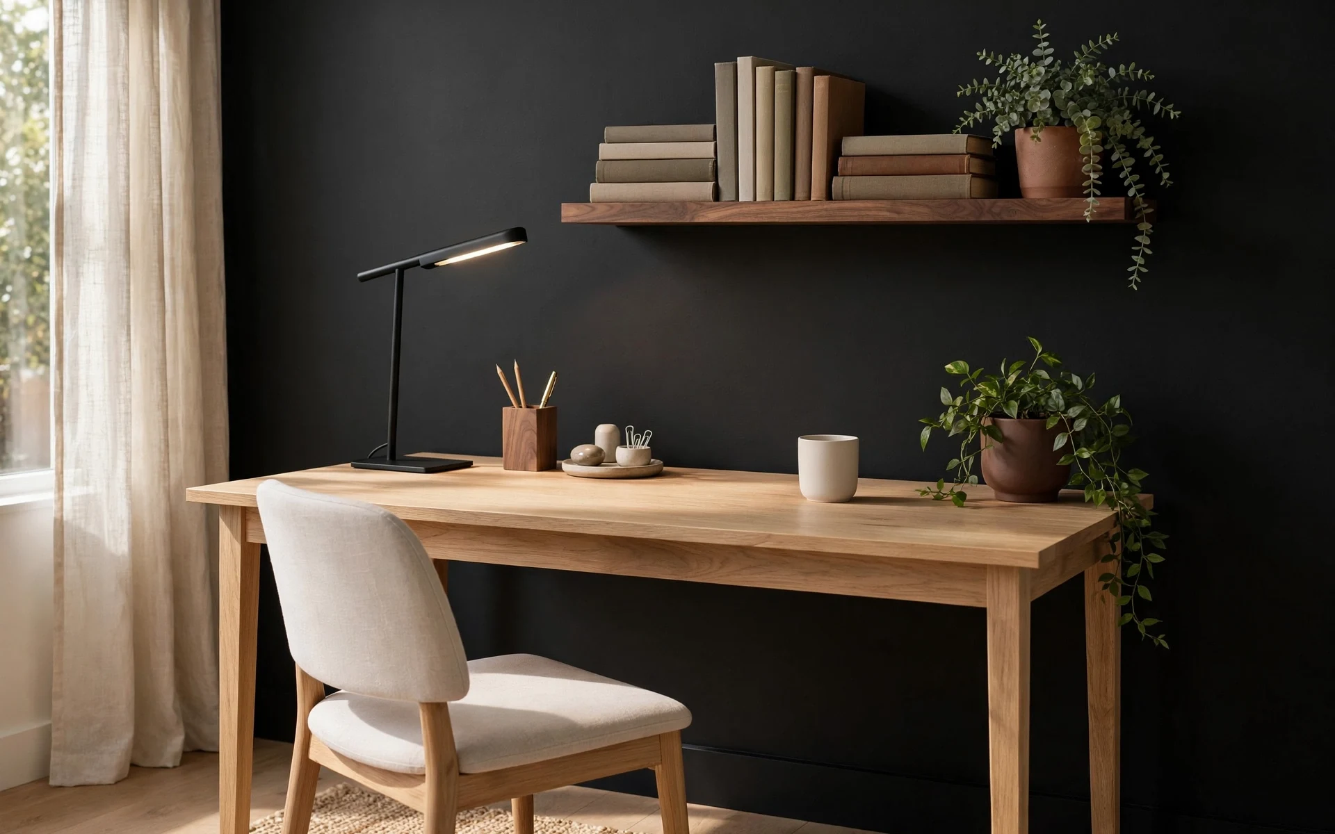 Black accent wall ideas in a home office with a light oak desk and pale chair