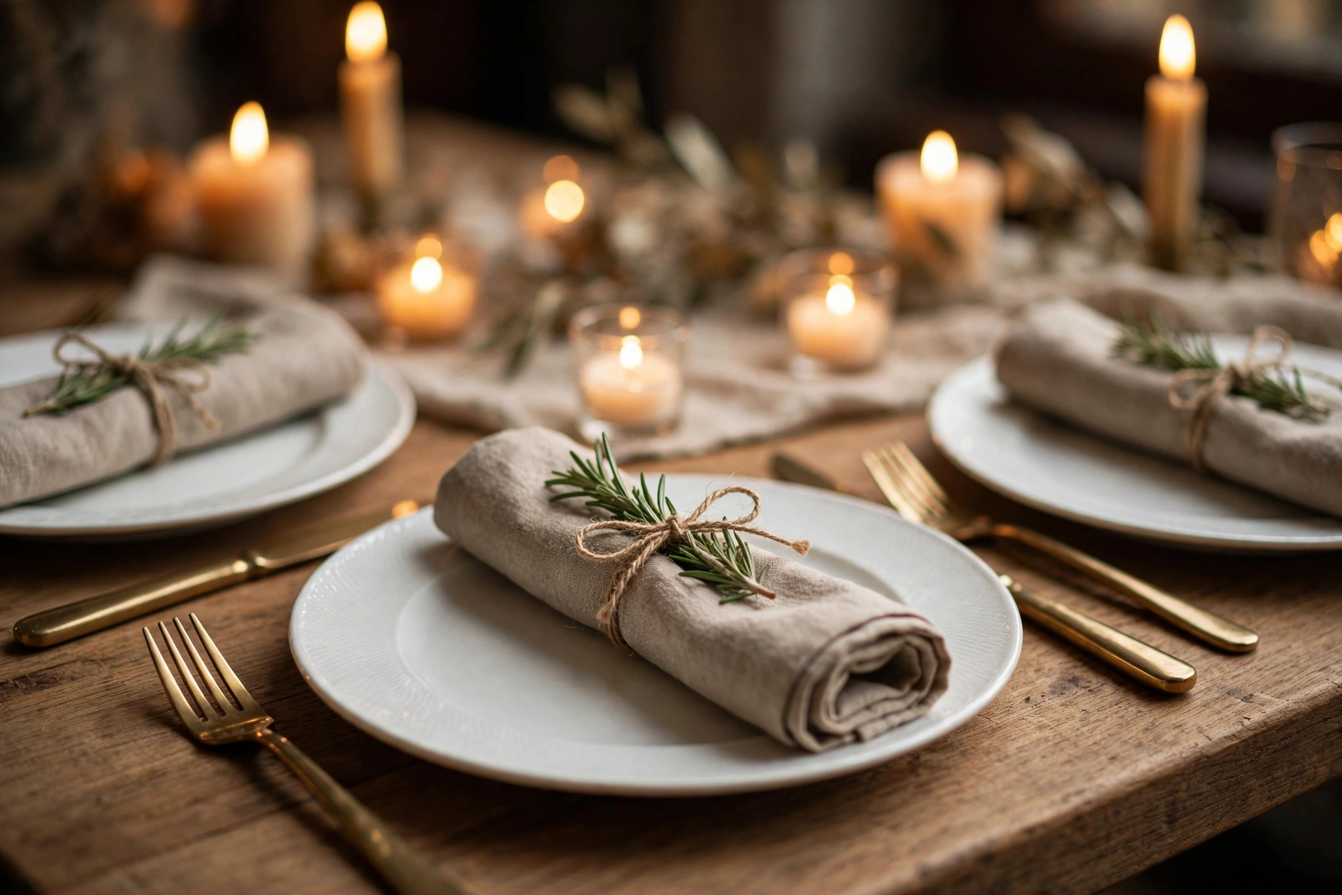 Simple thanksgiving table decor ideas with rosemary-tied cloth napkins and twine