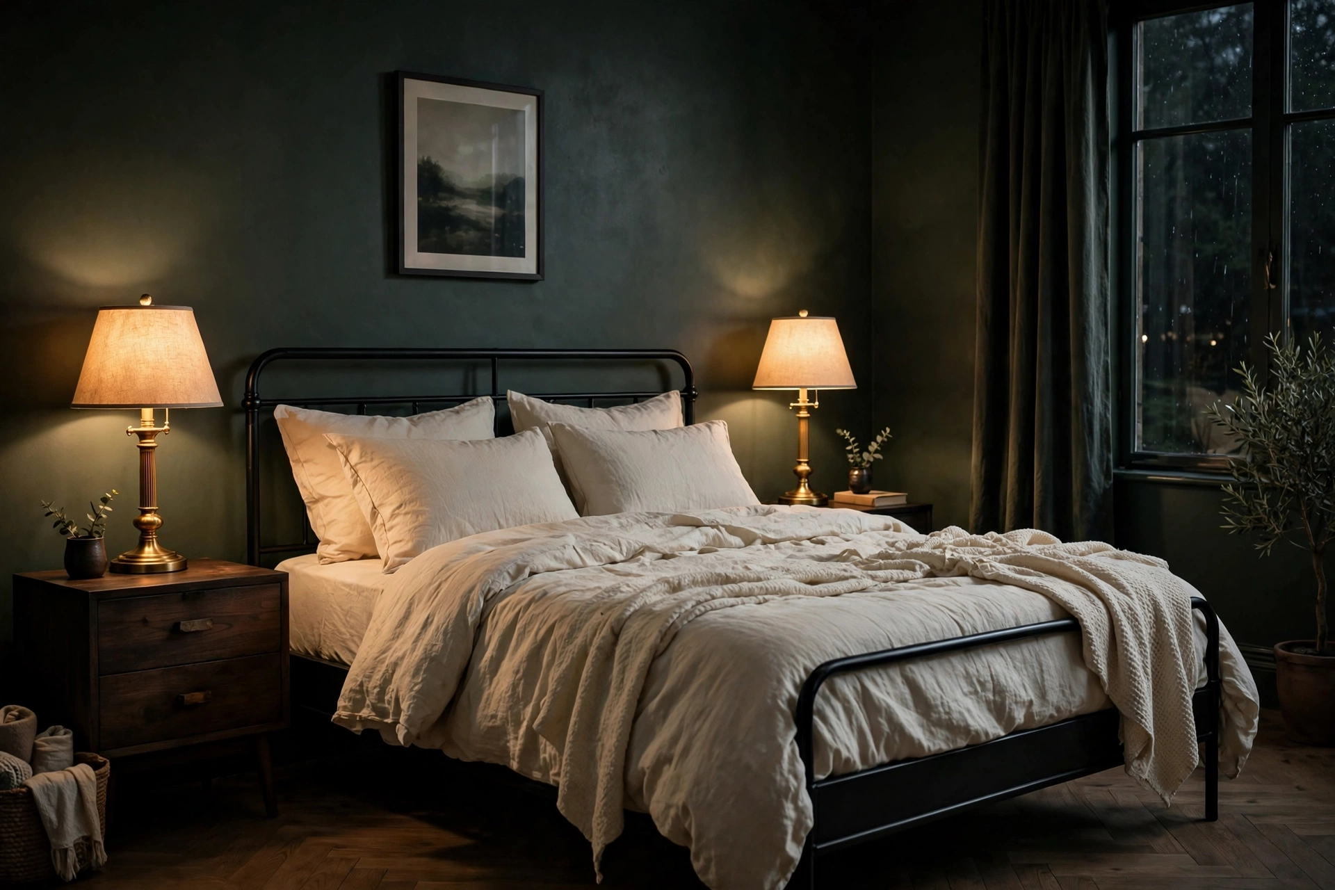 Sage green bedroom ideas with moody deep sage walls and warm lamps