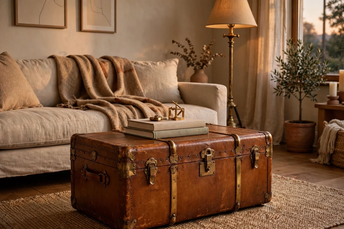 Caramel leather decor ideas: vintage caramel leather trunk used as a coffee table