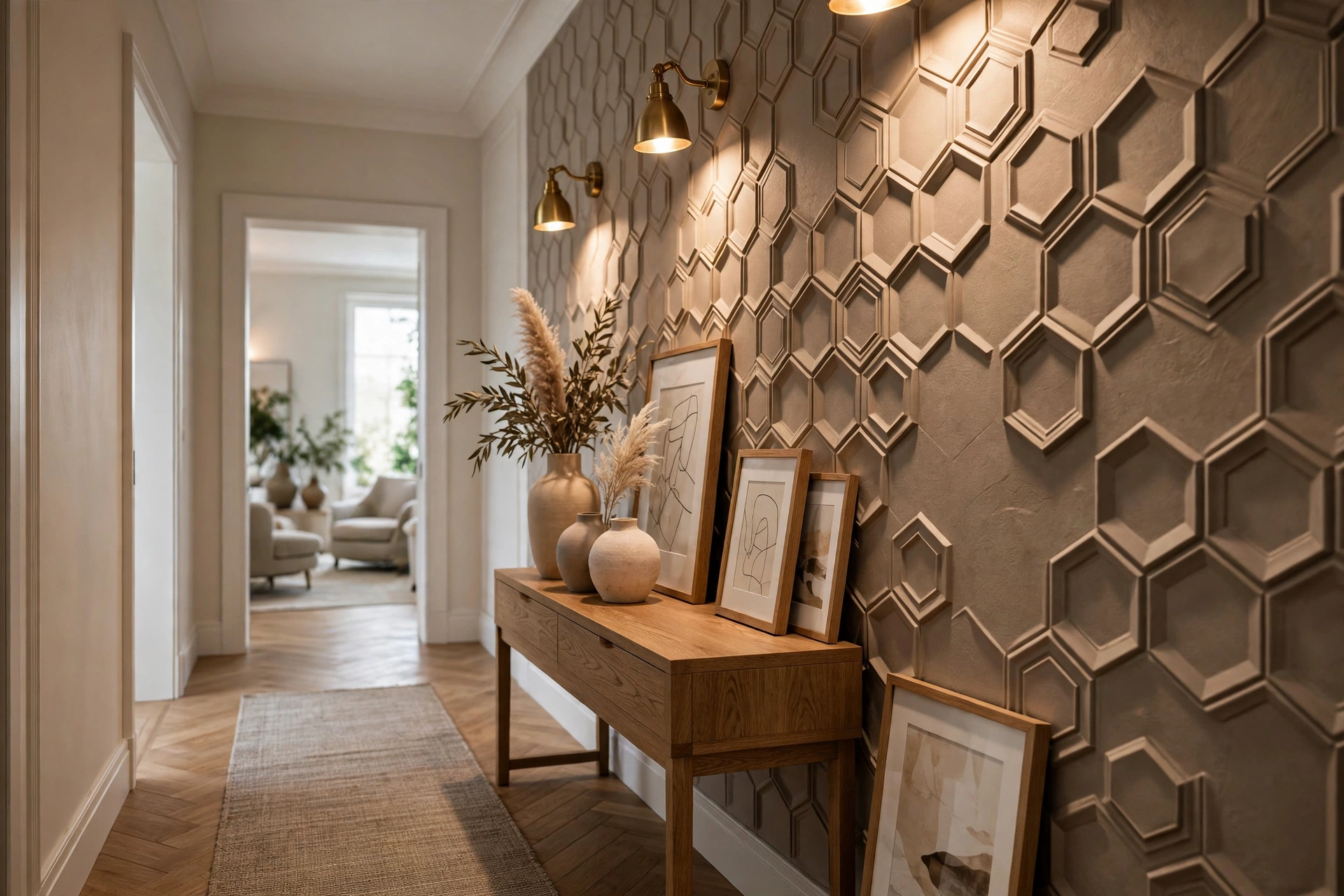 textured wallpaper ideas: hallway with 3D geometric embossed textured wallpaper in warm taupe with raised hexagonal relief pattern and brass picture lights