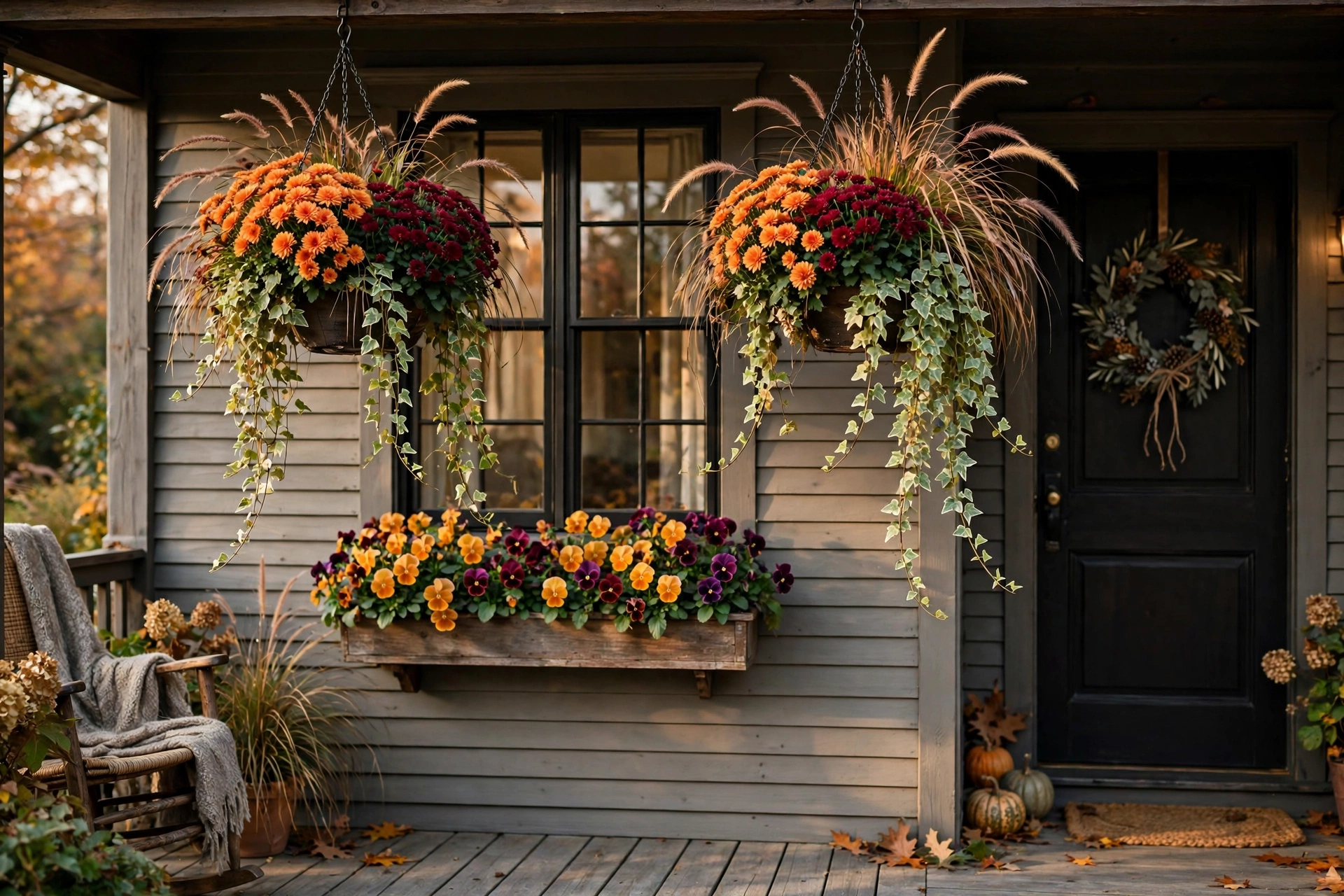 Fall front door decor ideas with hanging baskets of mums, ornamental grass and trailing ivy on the porch