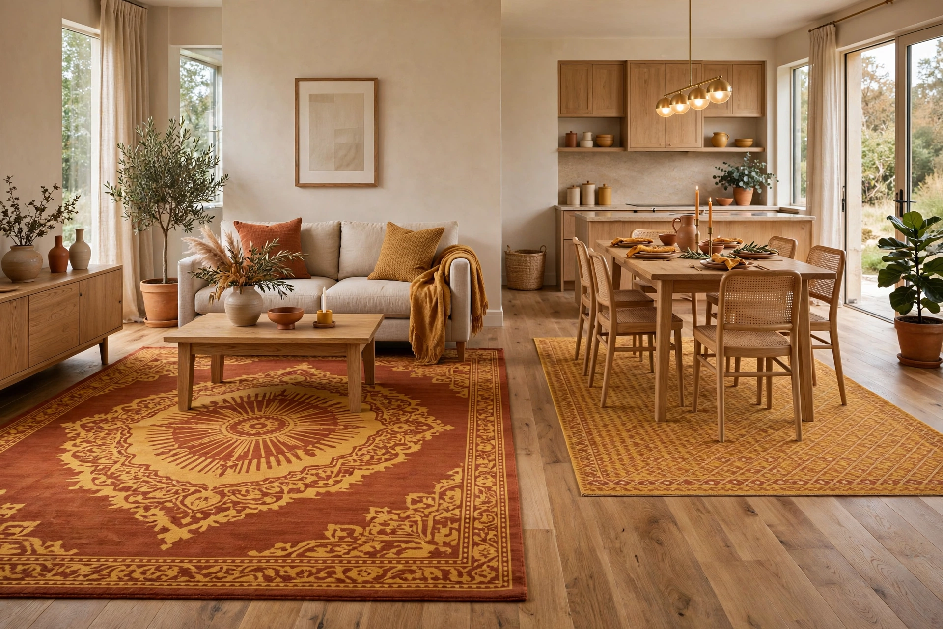 Area rug open floor plan ideas: bold large-pattern rug in the living zone paired with a quiet small-scale rug in the dining zone