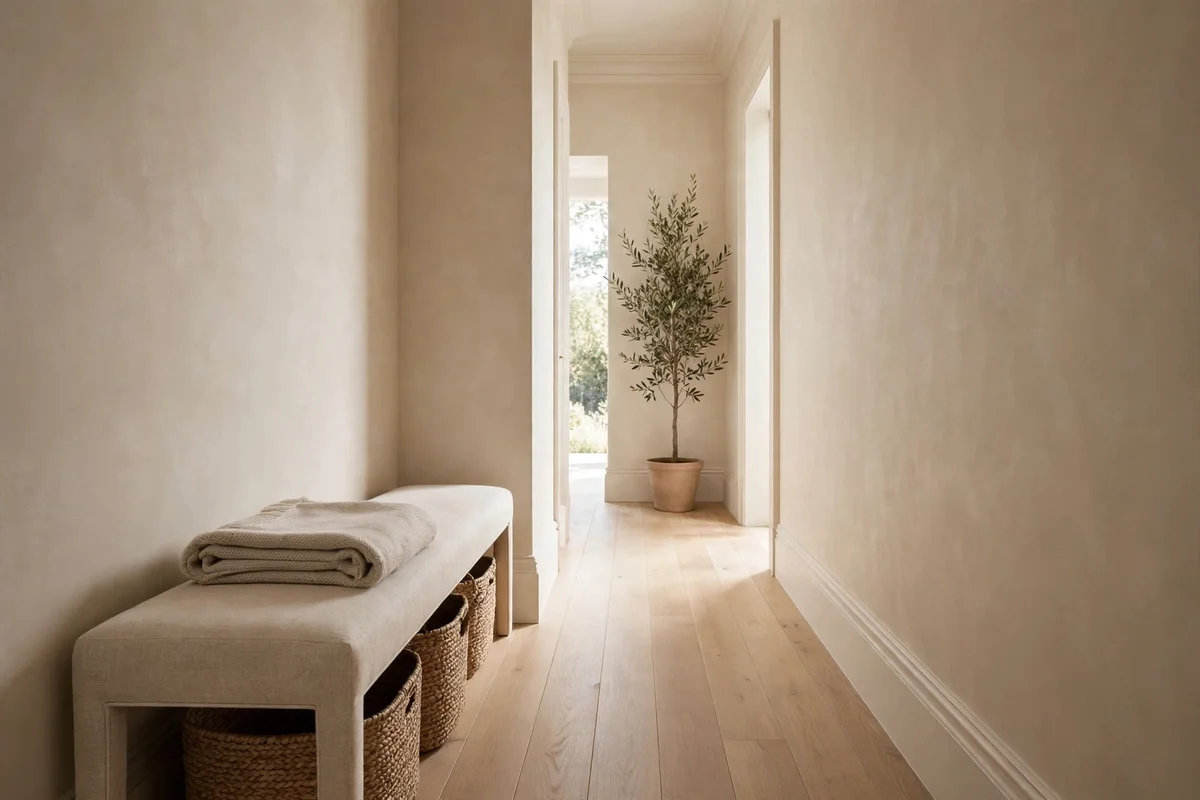 Narrow hallway decorating ideas: tall snake plant in a slim pot at the end of a narrow hallway