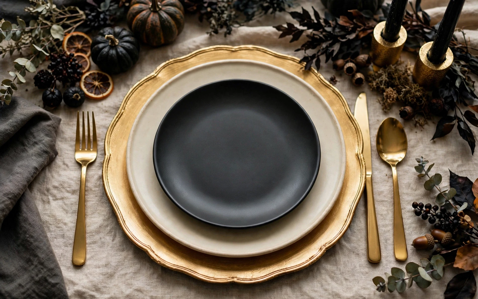 Black plates and gold flatware halloween table setting ideas on a dark table